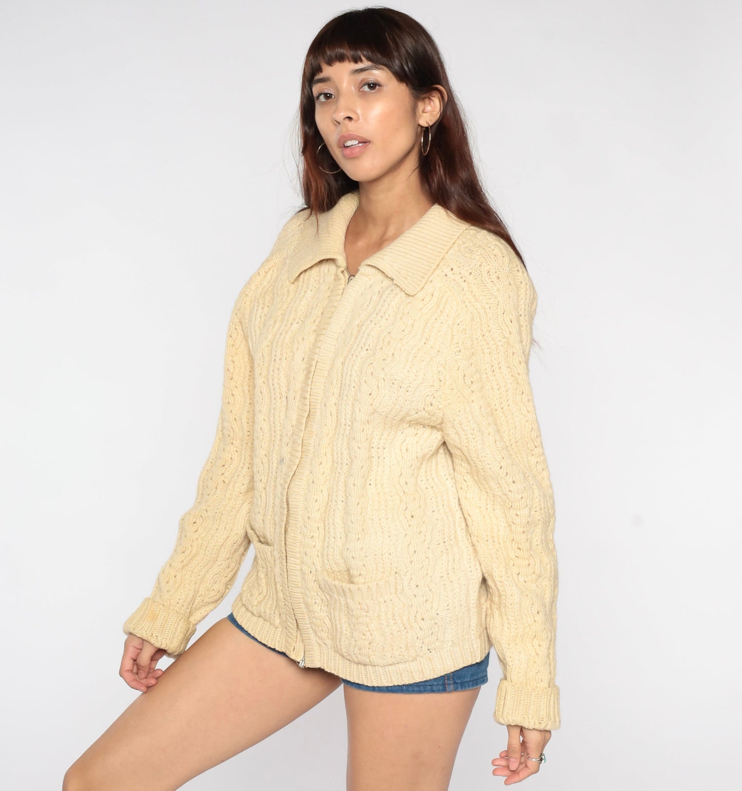 70s Cream Wool Cable Knit Cardigan Zip-Up Fisherman Sweater Large
