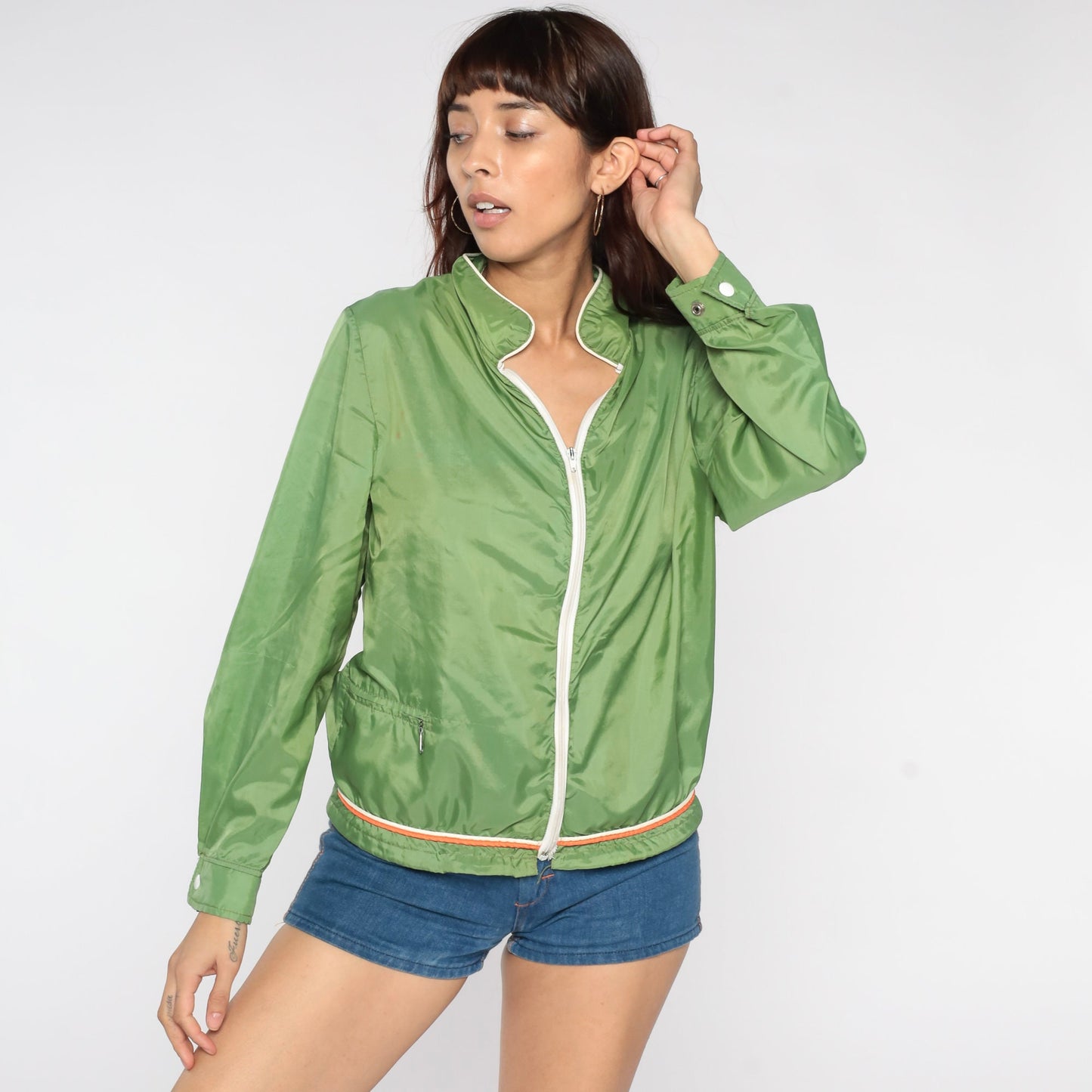 70s Green Windbreaker Jacket Nylon Zip-Up Orange White Trim Small