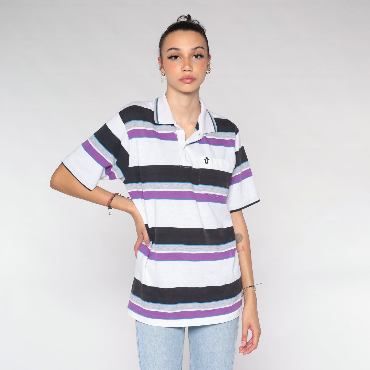 90s Penguin Club Striped Polo Shirt White Purple Half-Button Medium M