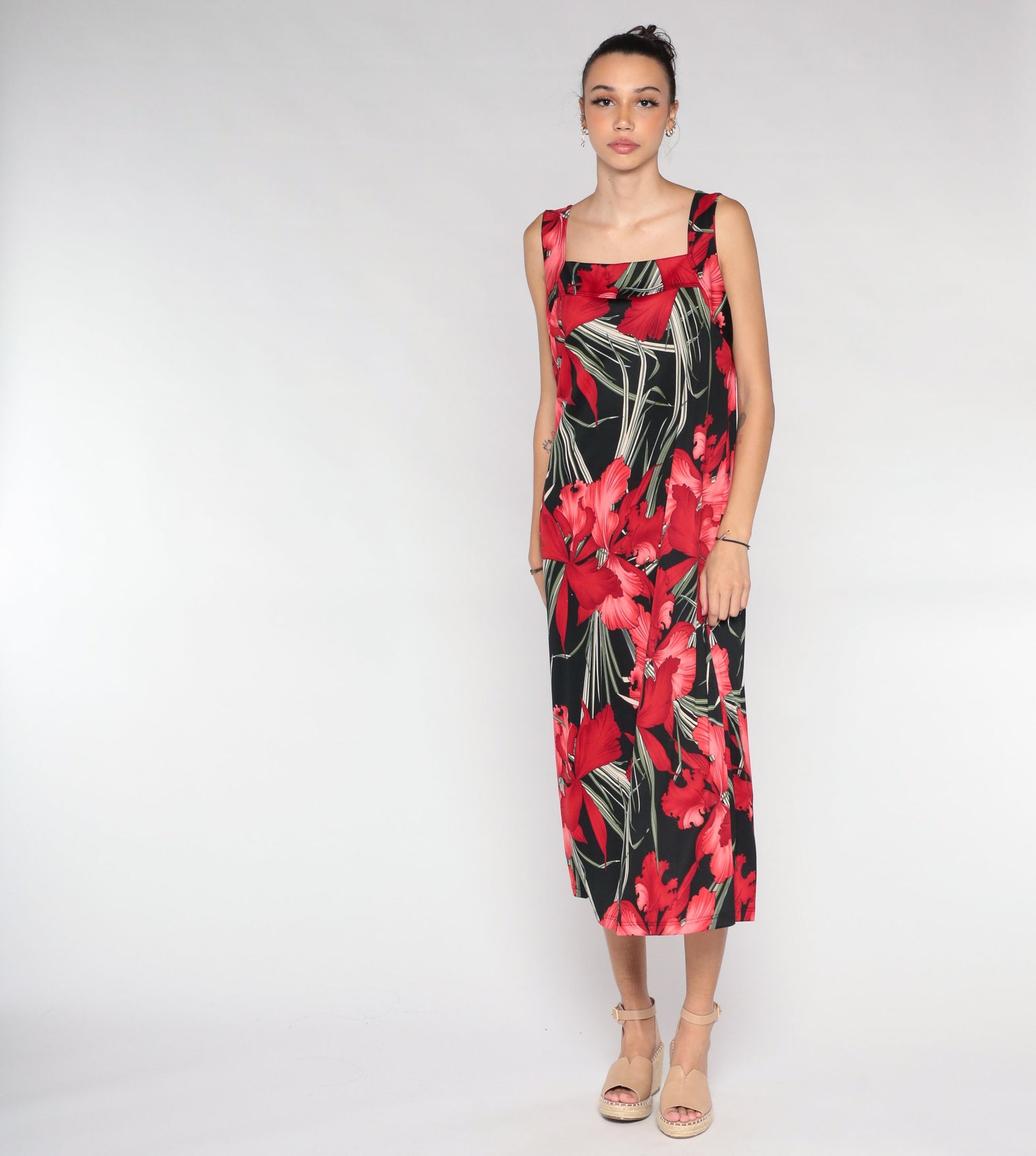 90s Black Floral Midi Dress Orchid Print Sleeveless Extra Large XXL
