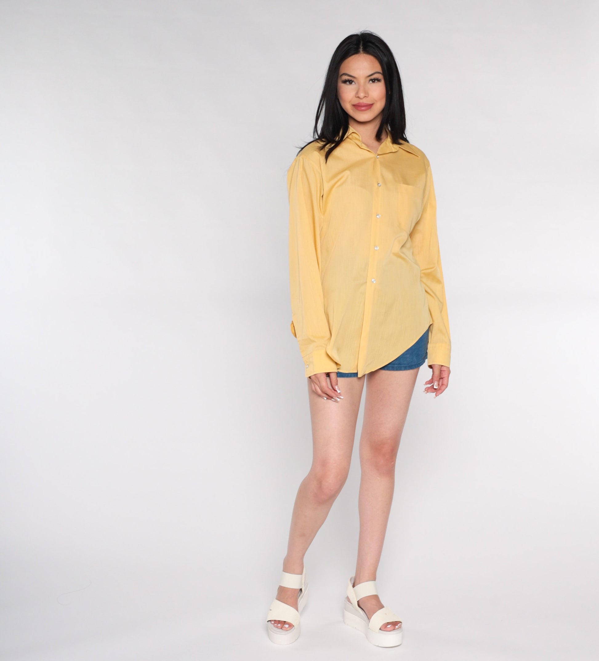 70s Yellow Dagger Collar Button-Up Shirt Long Sleeve Men's Medium