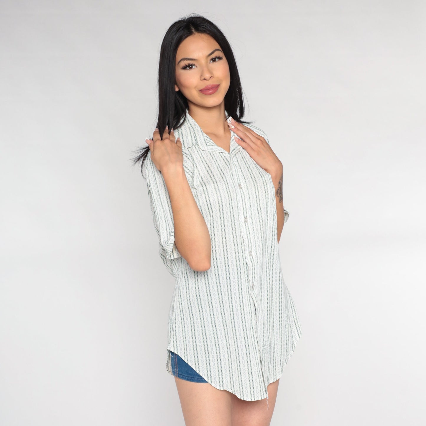 70s Sears White Striped Oxford Button-Up Shirt Green Blue Short Sleeve Medium