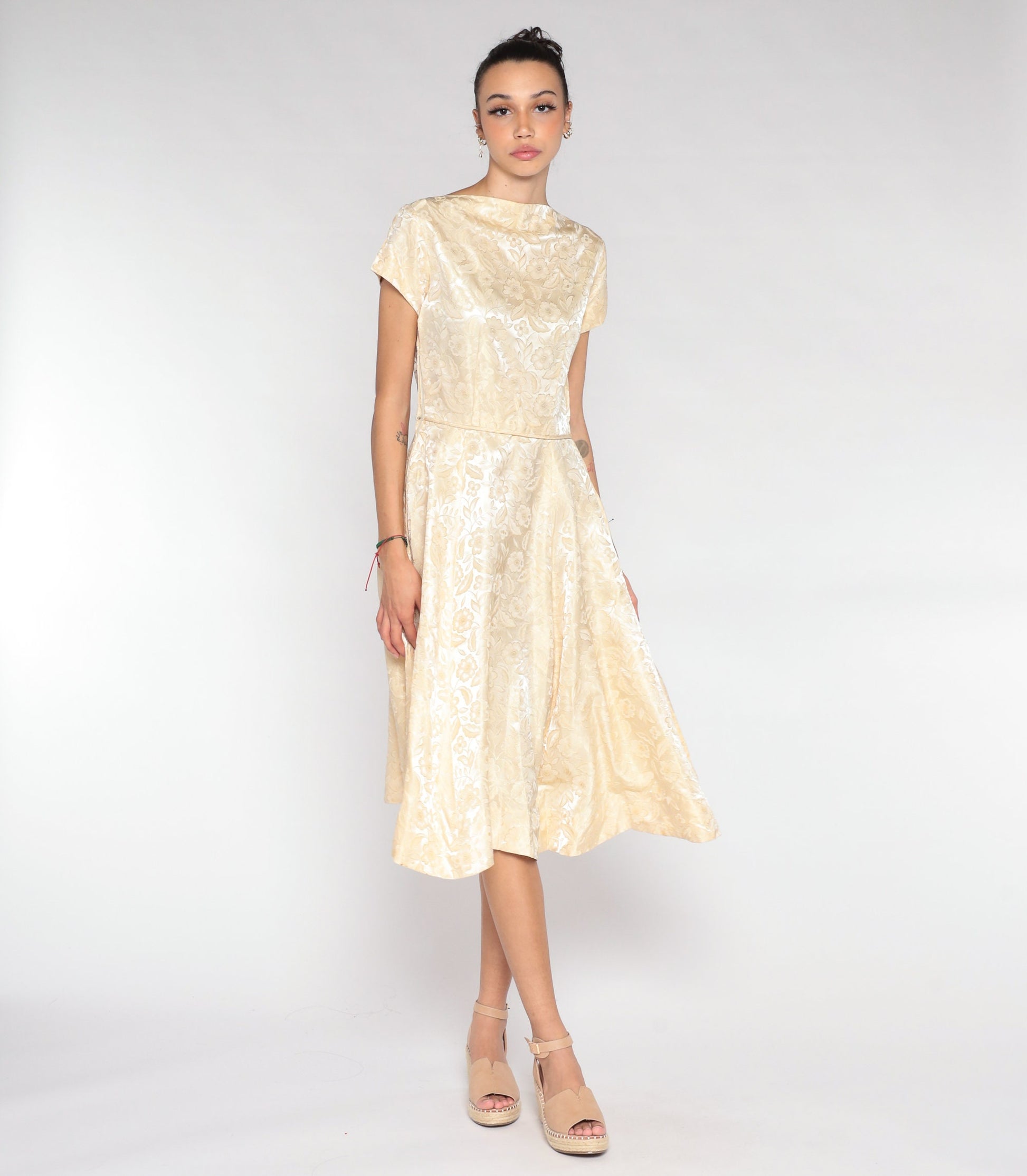 1960s Cream Brocade Floral Midi Dress Cap Sleeve High Waist Small S