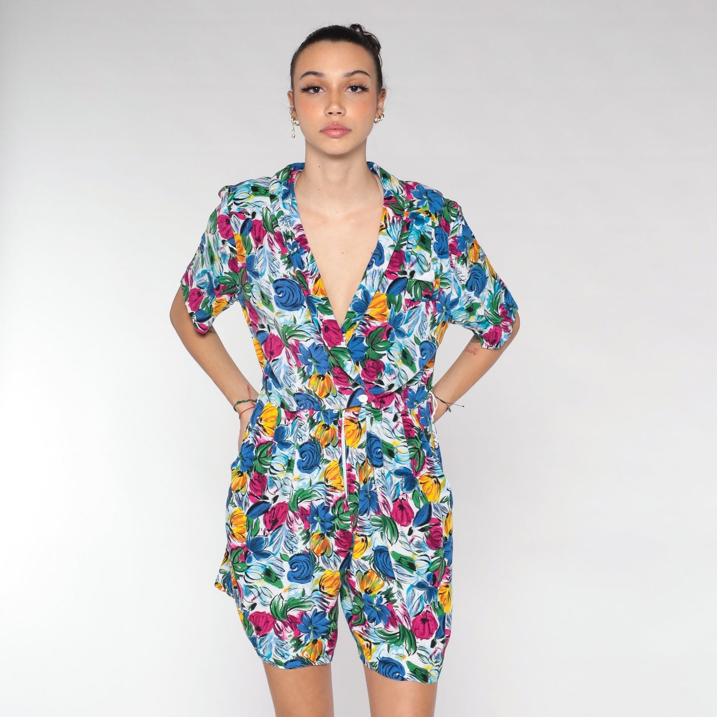 90s Blue Floral Rayon Romper Mini Playsuit V Neck Button Up Medium M