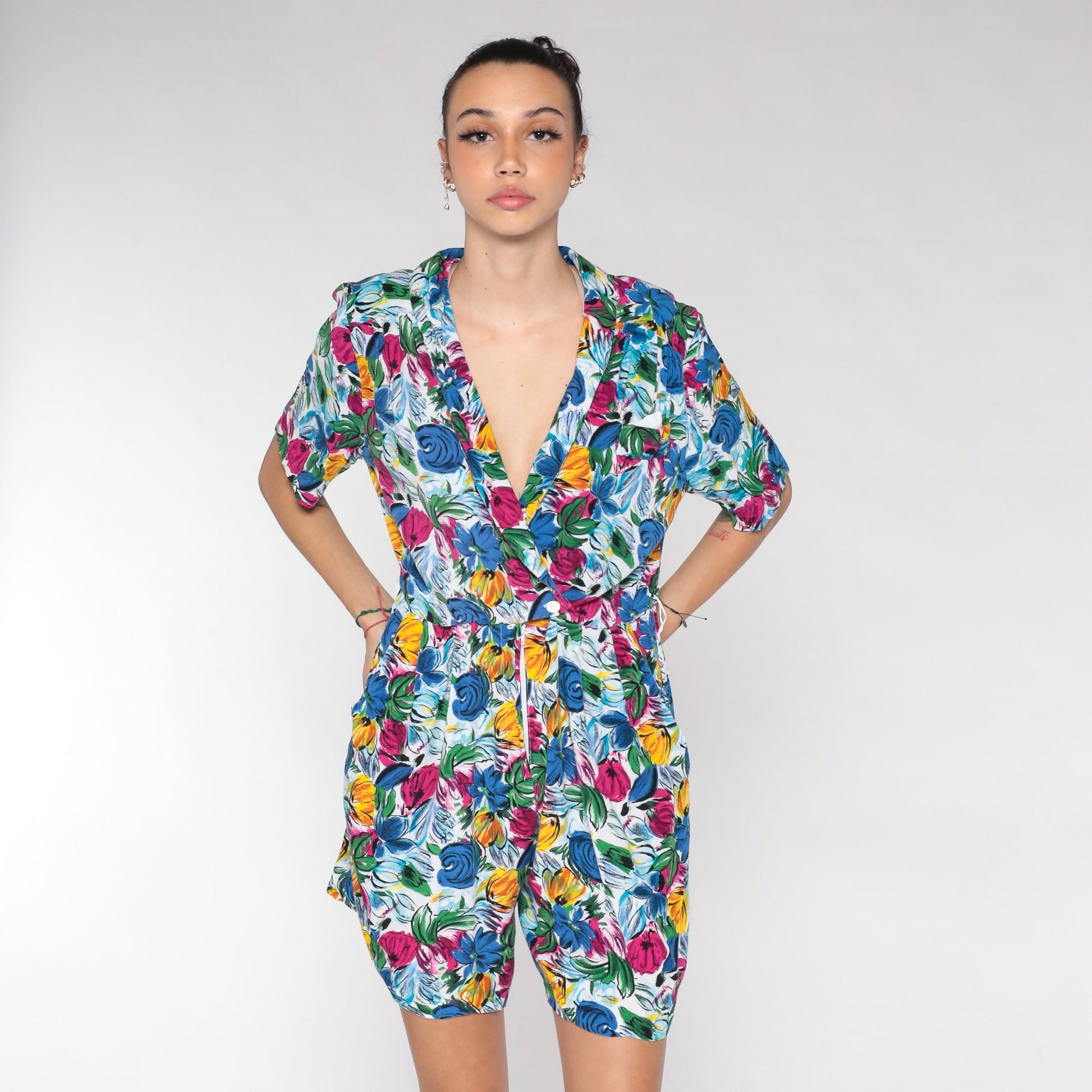 90s Blue Floral Rayon Romper Mini Playsuit V Neck Button Up Medium M