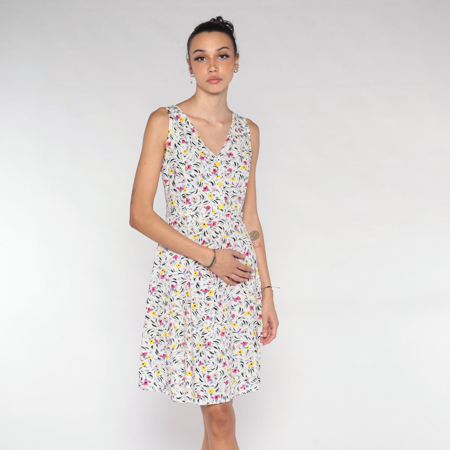 70s White Floral Mini Dress Sleeveless Button-Up A-Line V-Neck Extra Small