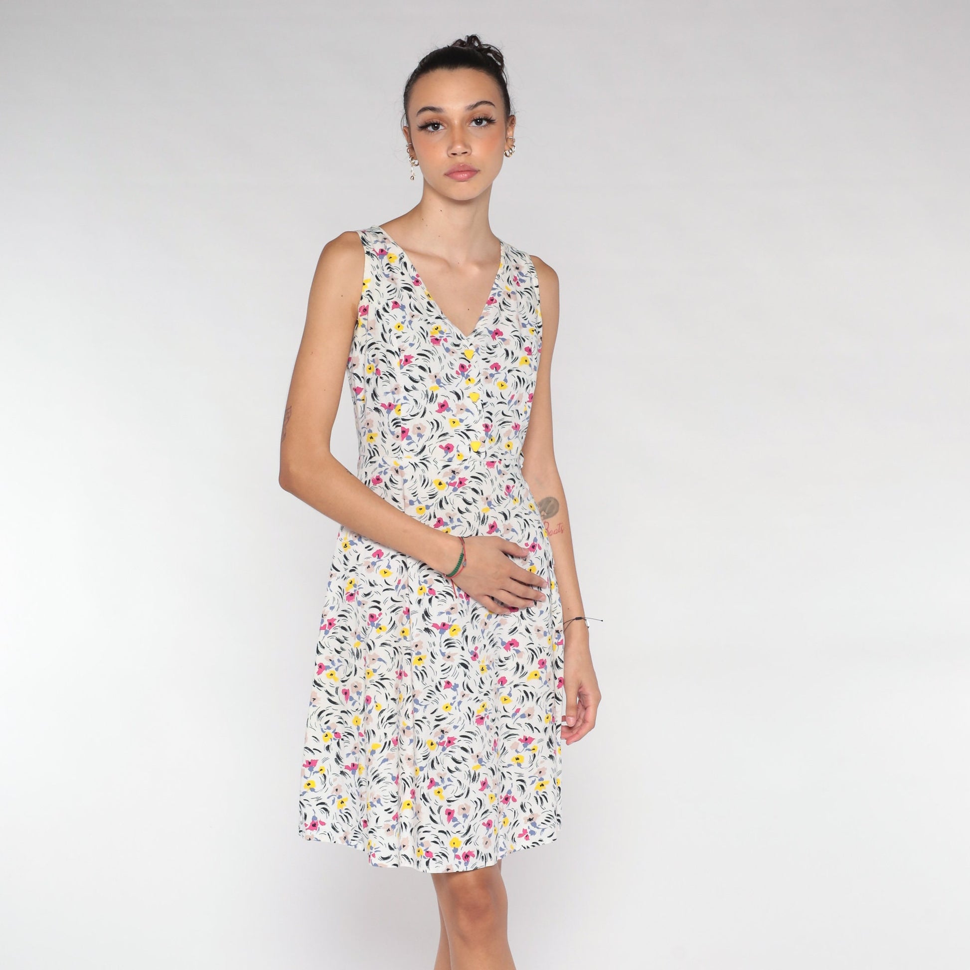70s White Floral Mini Dress Sleeveless Button-Up A-Line V-Neck Extra Small