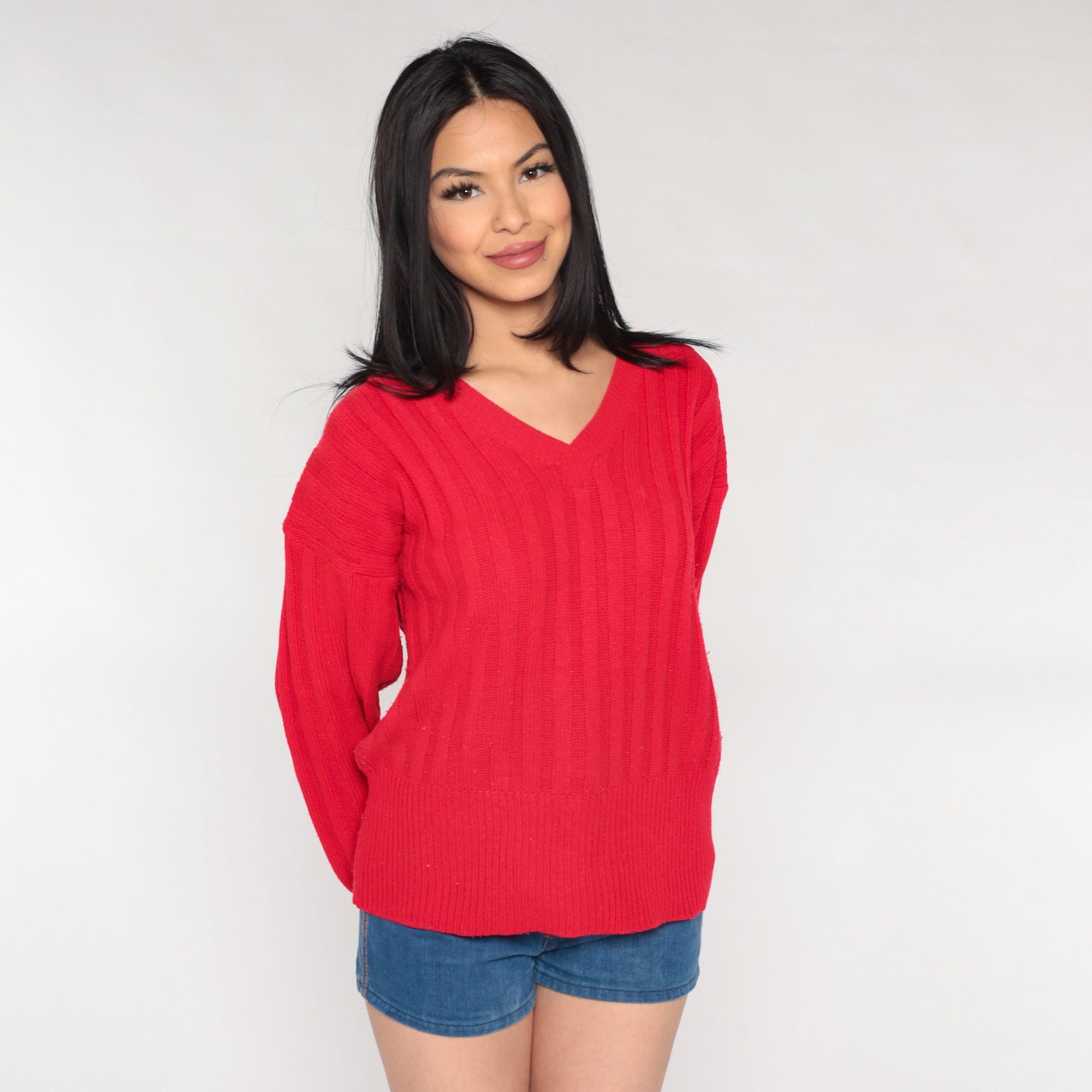 80s Red Acrylic Knit V-Neck Pullover Sweater Large