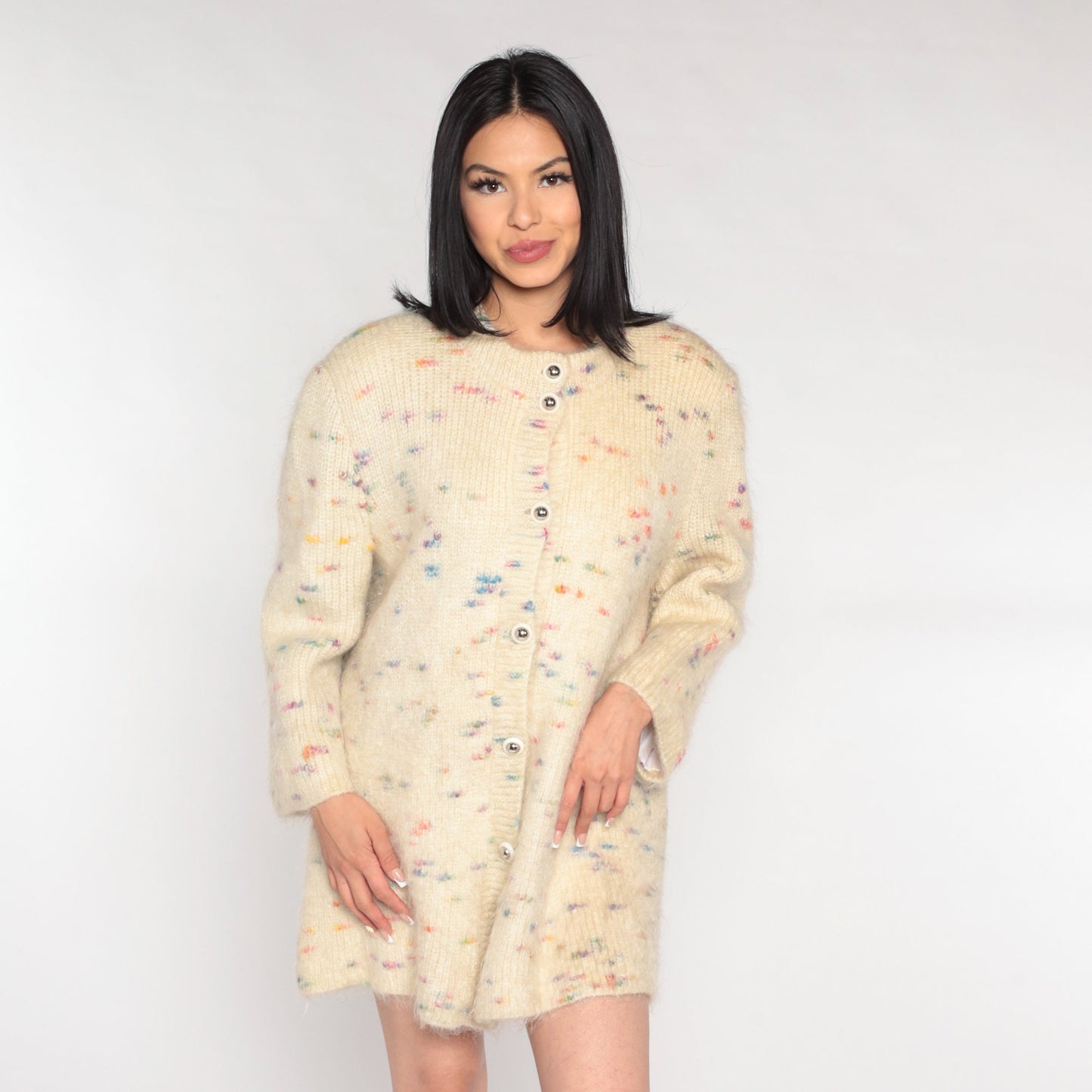 80s Cream Mohair Cardigan Sweater Rainbow Flecks Long Button-Up Medium