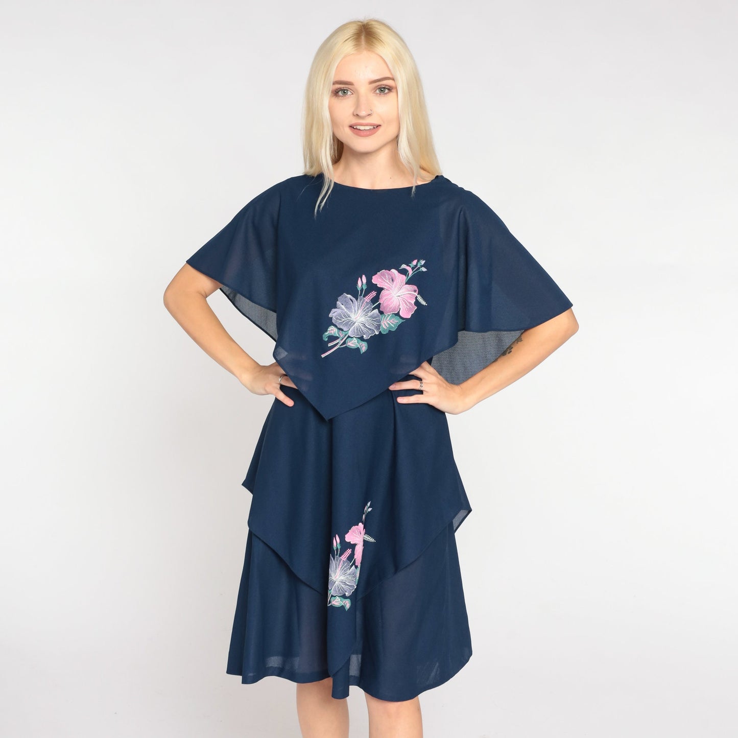 80s Navy Floral Capelet Mini Dress Draped V-Back Flutter Sleeve Medium