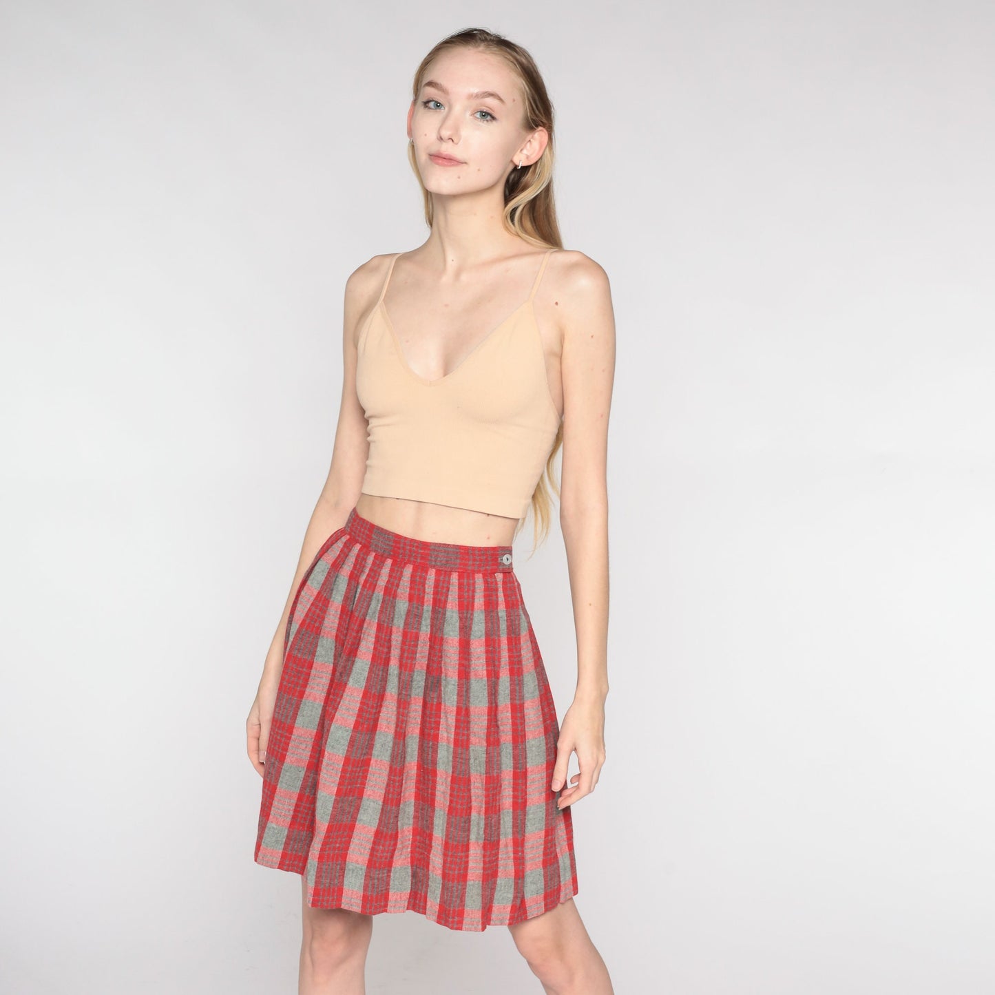 60s Red Grey Plaid Wool Mini Skirt High Waist Pleated XXS
