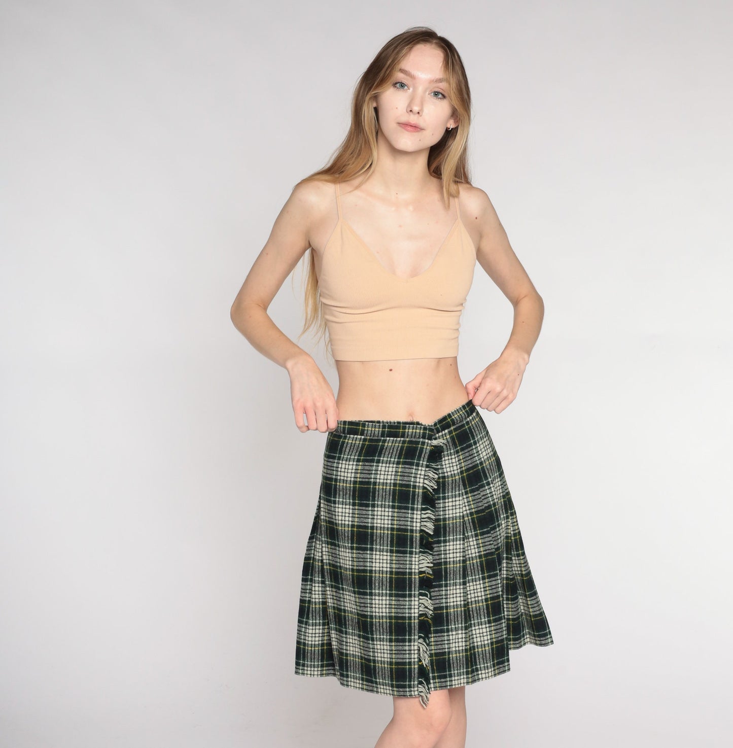 90s Plaid Wool Mini Skirt High Waist Wrap Navy Green White Small