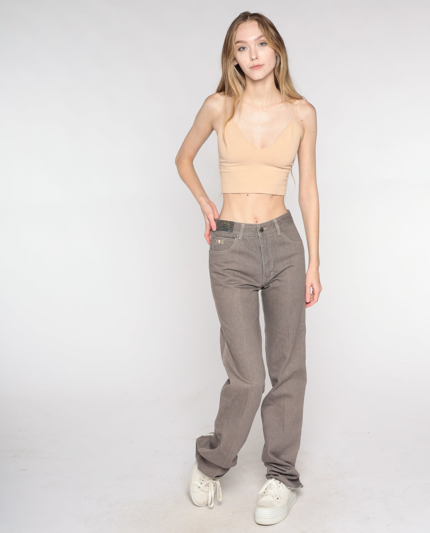 90s Sergio Valente Western Jeans Taupe High Waist Straight Leg Embroidered Steer Small