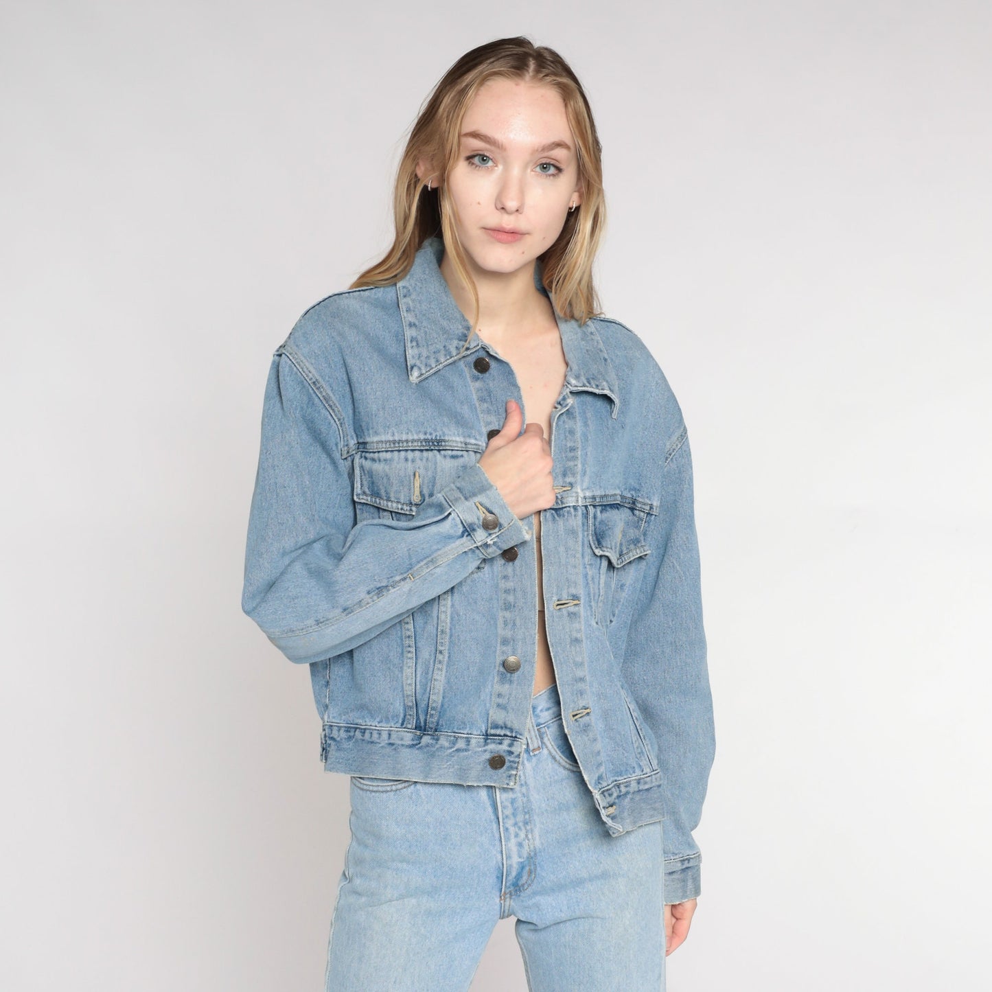 Y2K Blue Denim Jacket Button-Up Jean Jacket Cotton Medium M