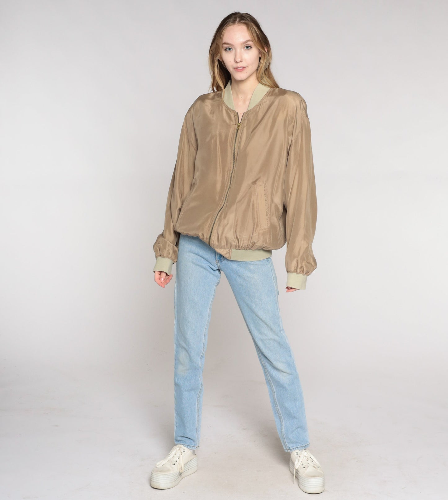 00s Brown Silk Bomber Jacket Zip-Up Windbreaker Medium M