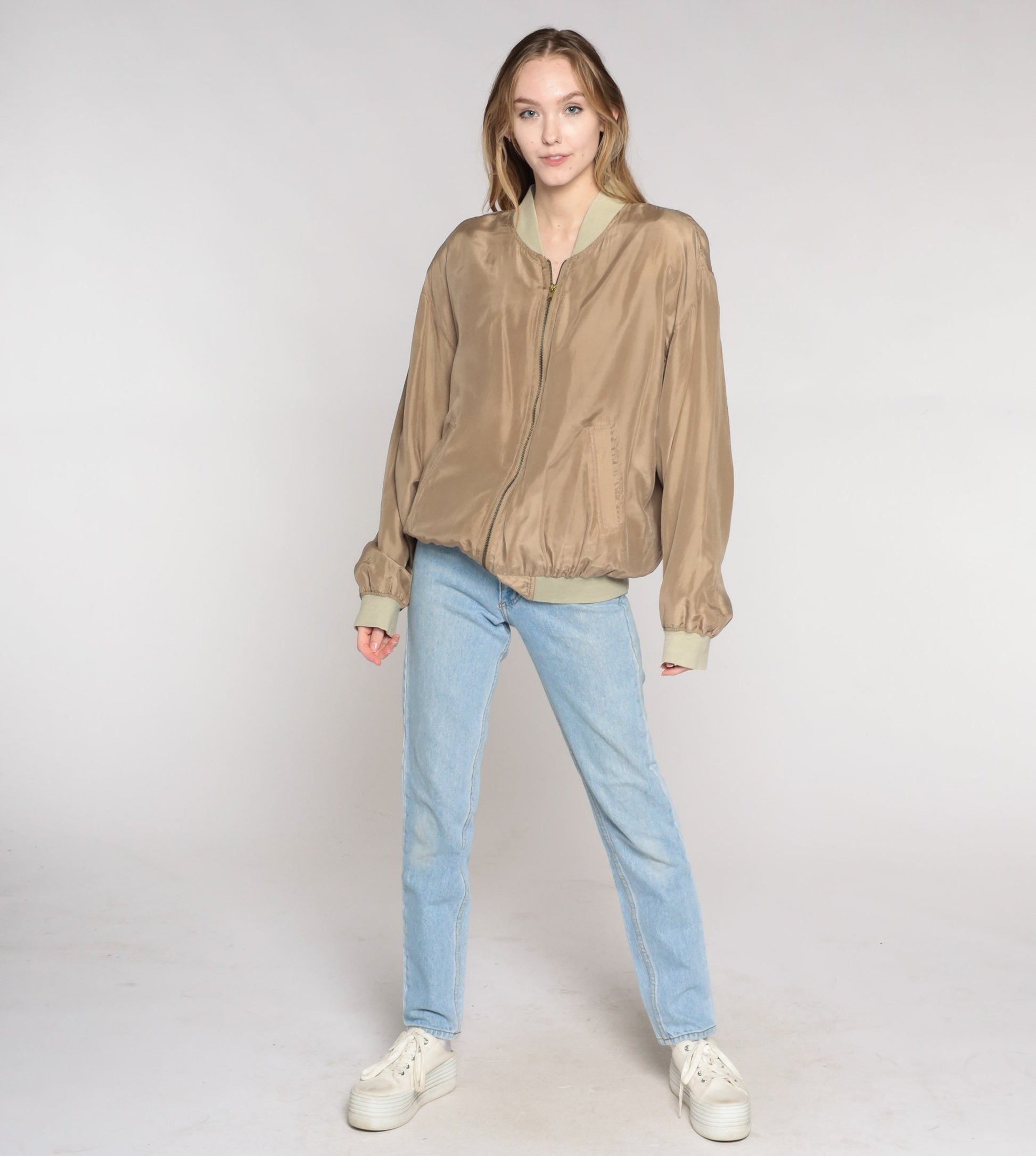 00s Brown Silk Bomber Jacket Zip-Up Windbreaker Medium M