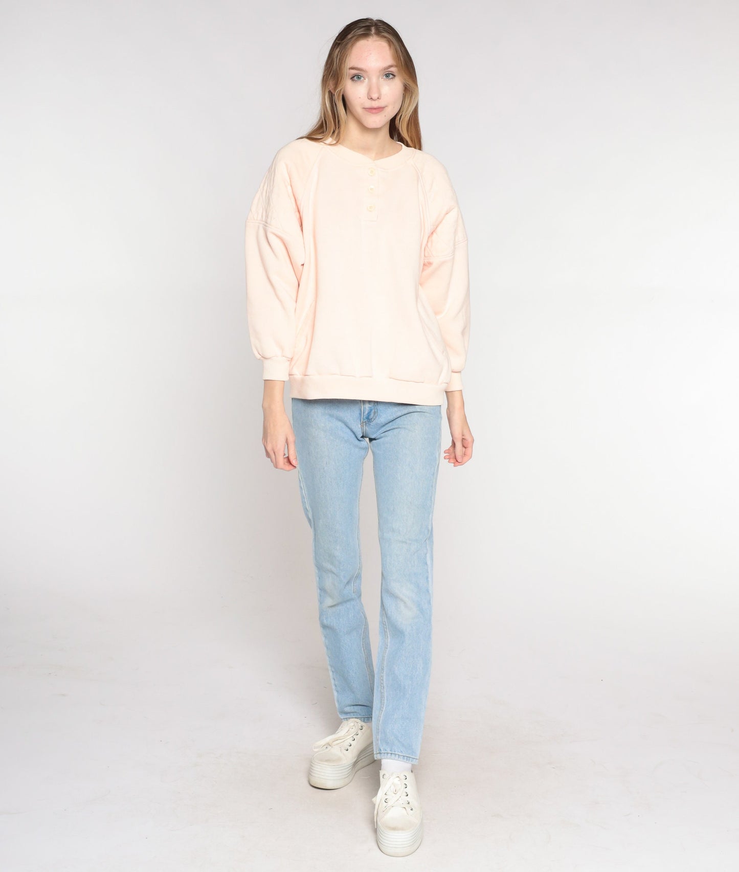 90s Light Pink Quilted Henley Sweatshirt Button Neck Long Sleeve Large L