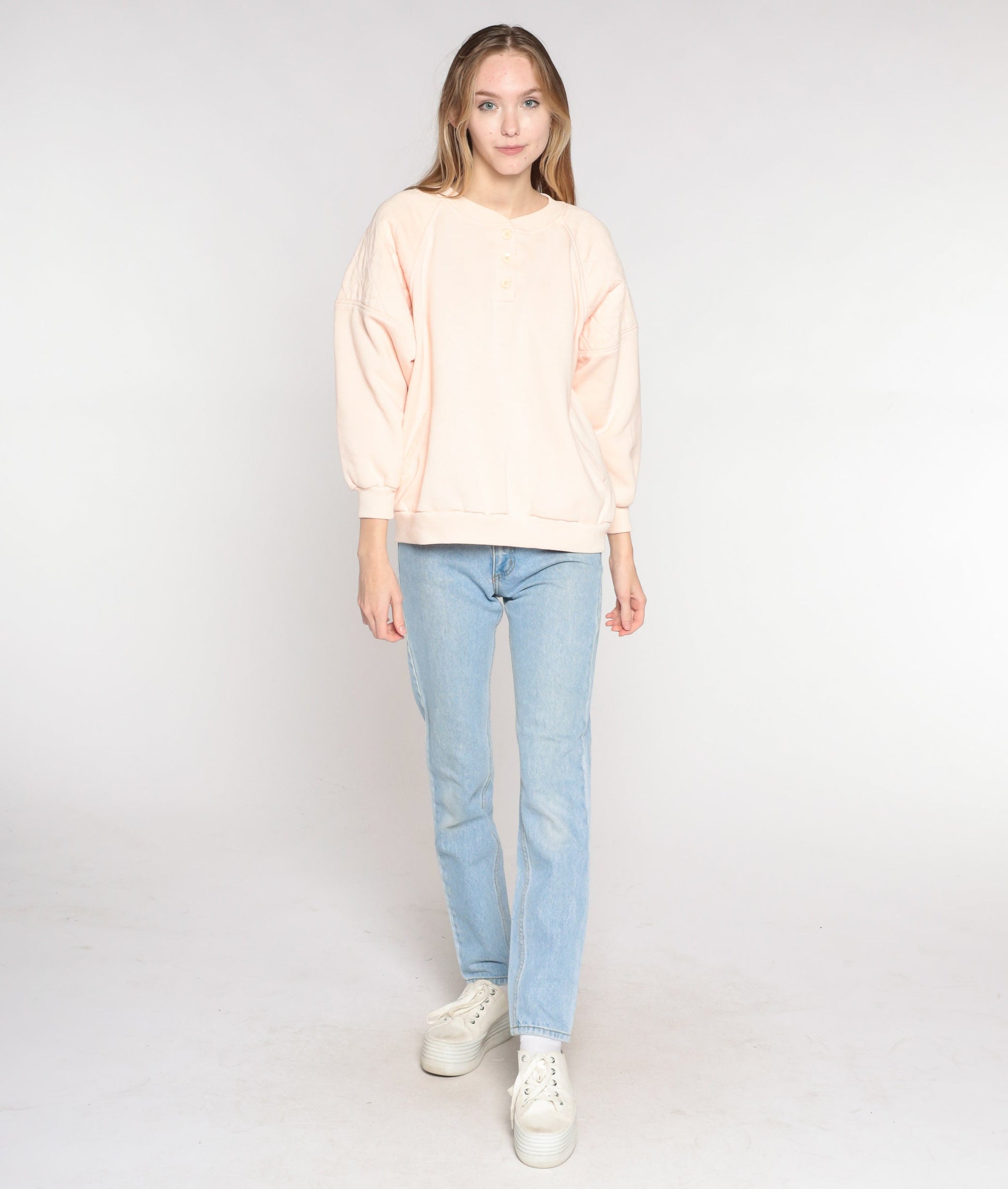 90s Light Pink Quilted Henley Sweatshirt Button Neck Long Sleeve Large L