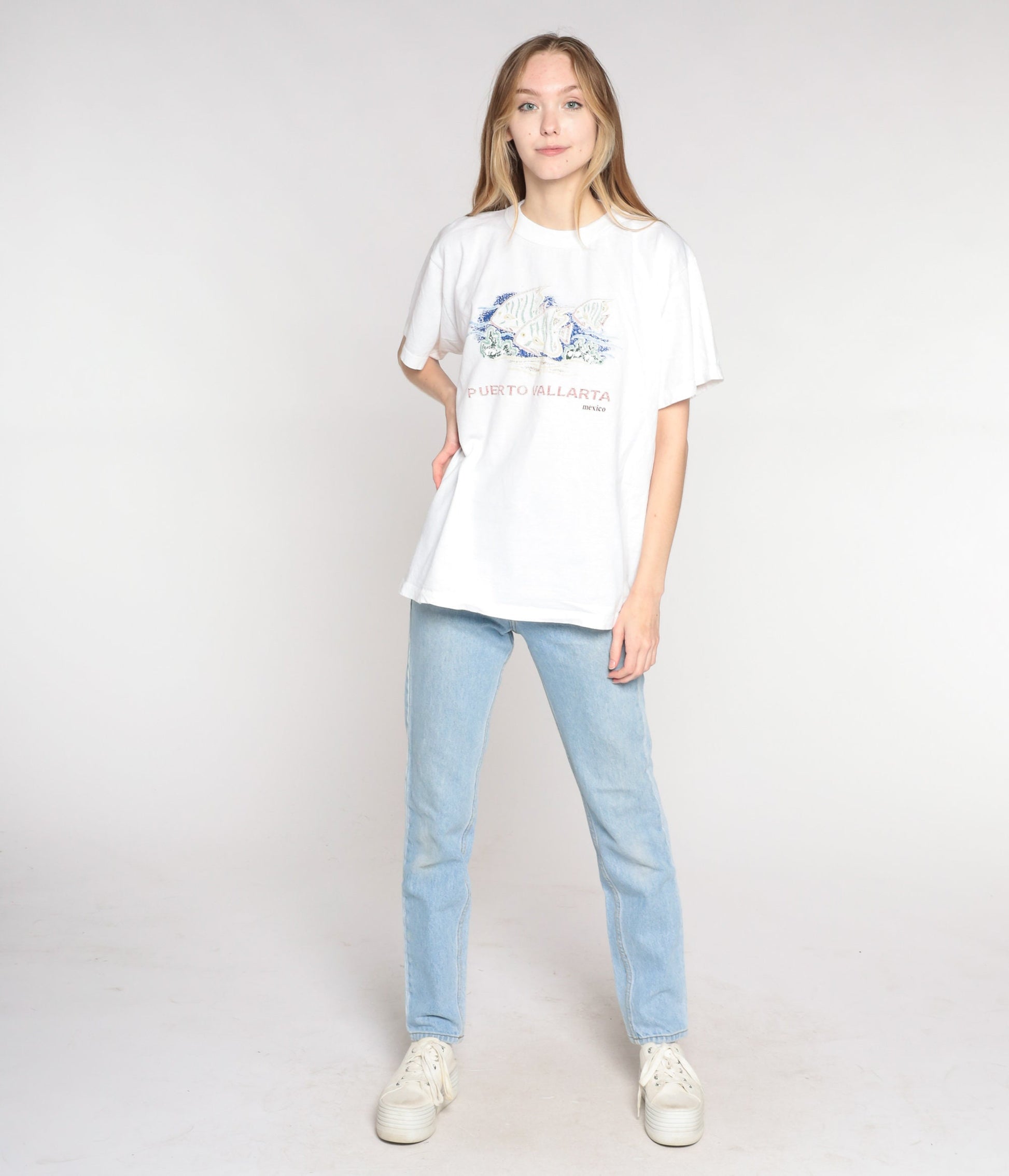 Y2K Puerto Vallarta Tropical Fish Graphic T-Shirt White Cotton Large L