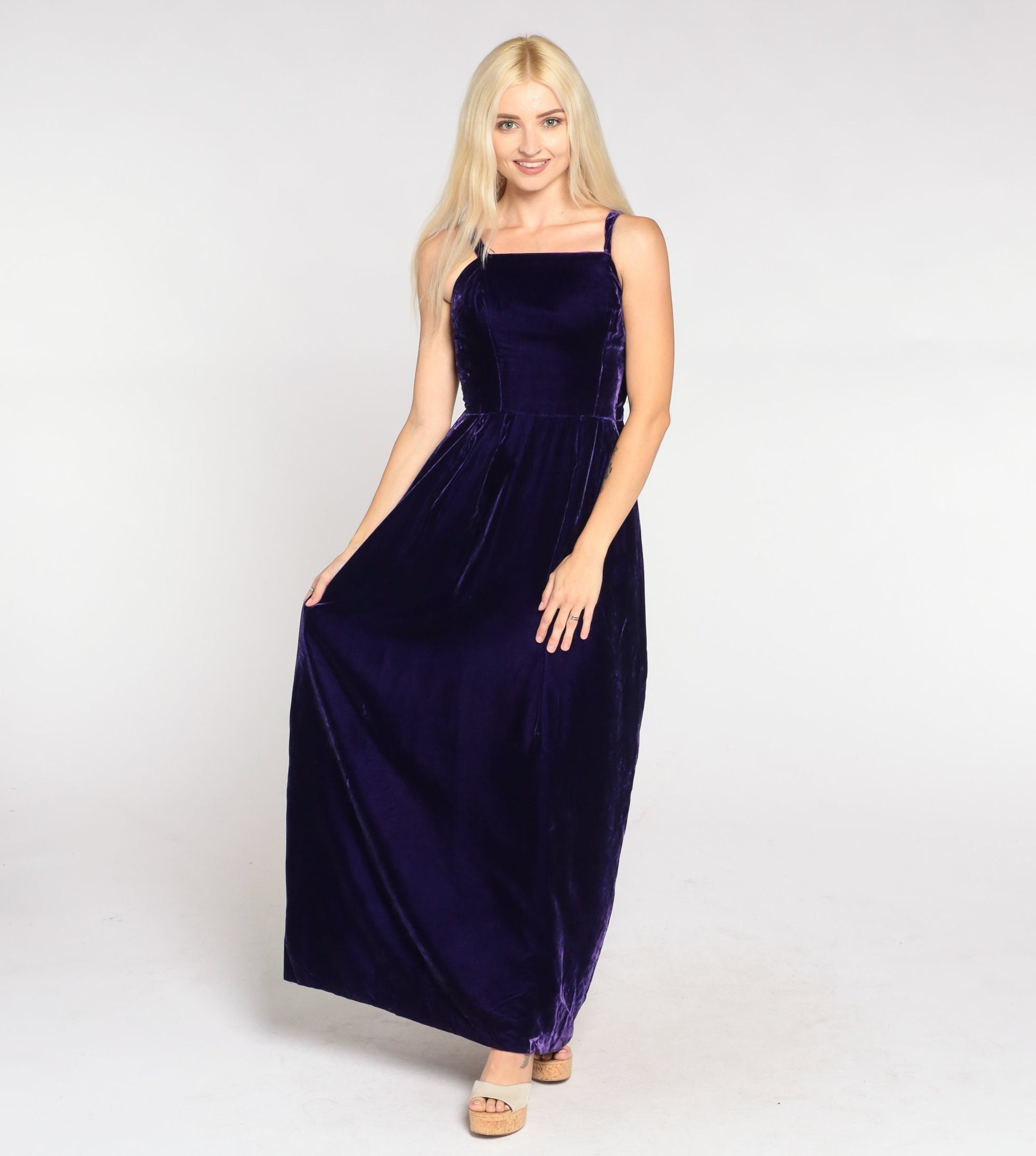 70s Dark Purple Velvet Maxi Dress Sleeveless High Waist Gown Extra Small
