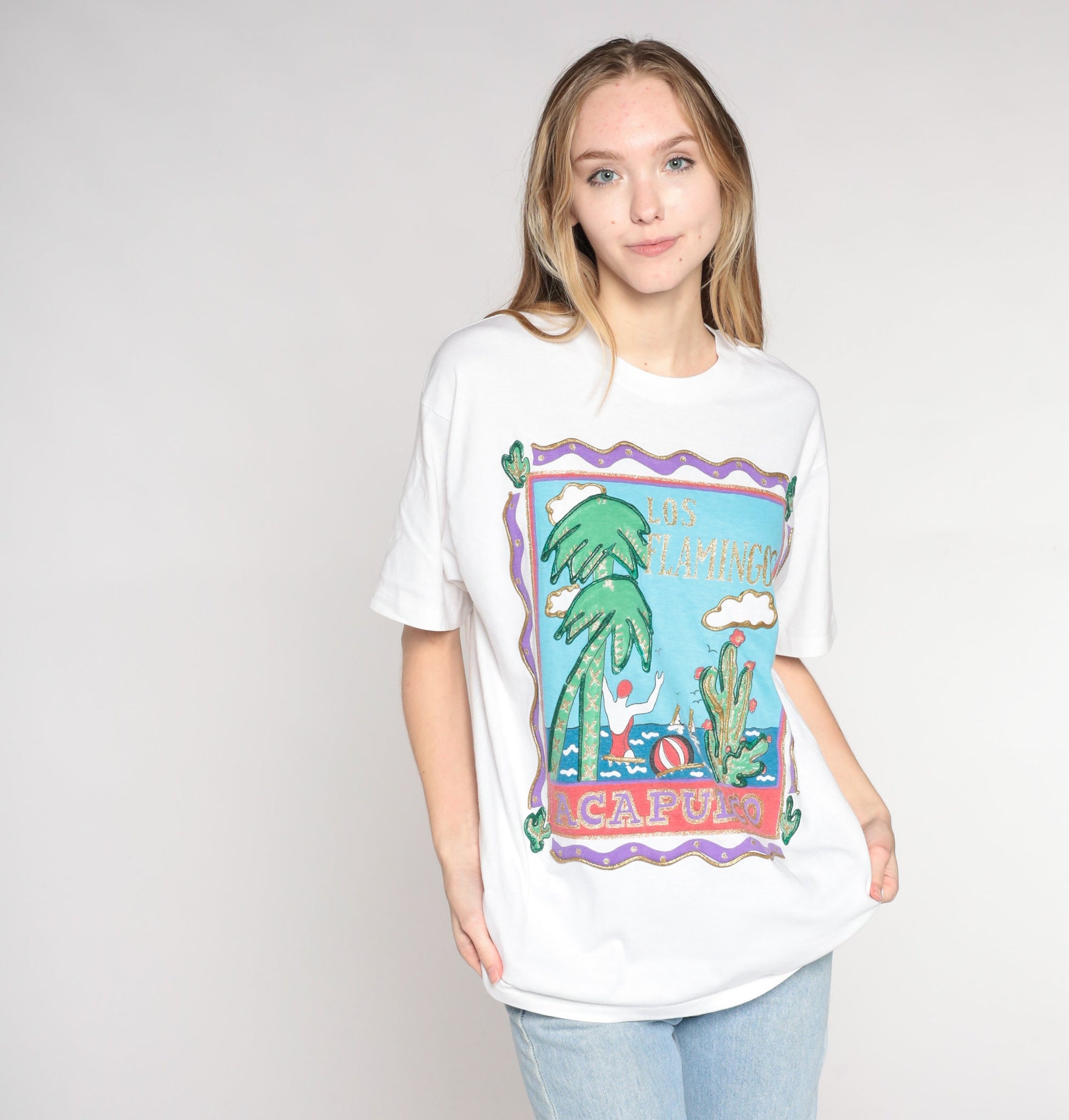 90s Los Flamingos Acapulco Resort T-Shirt Glitter Puff Paint Beach Graphic Medium Large