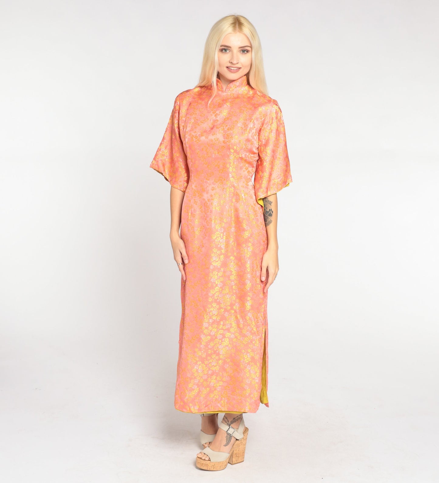 60s Peach Silk Floral Midi Dress Mandarin Collar Bell Sleeve Side Slit Extra Small XS