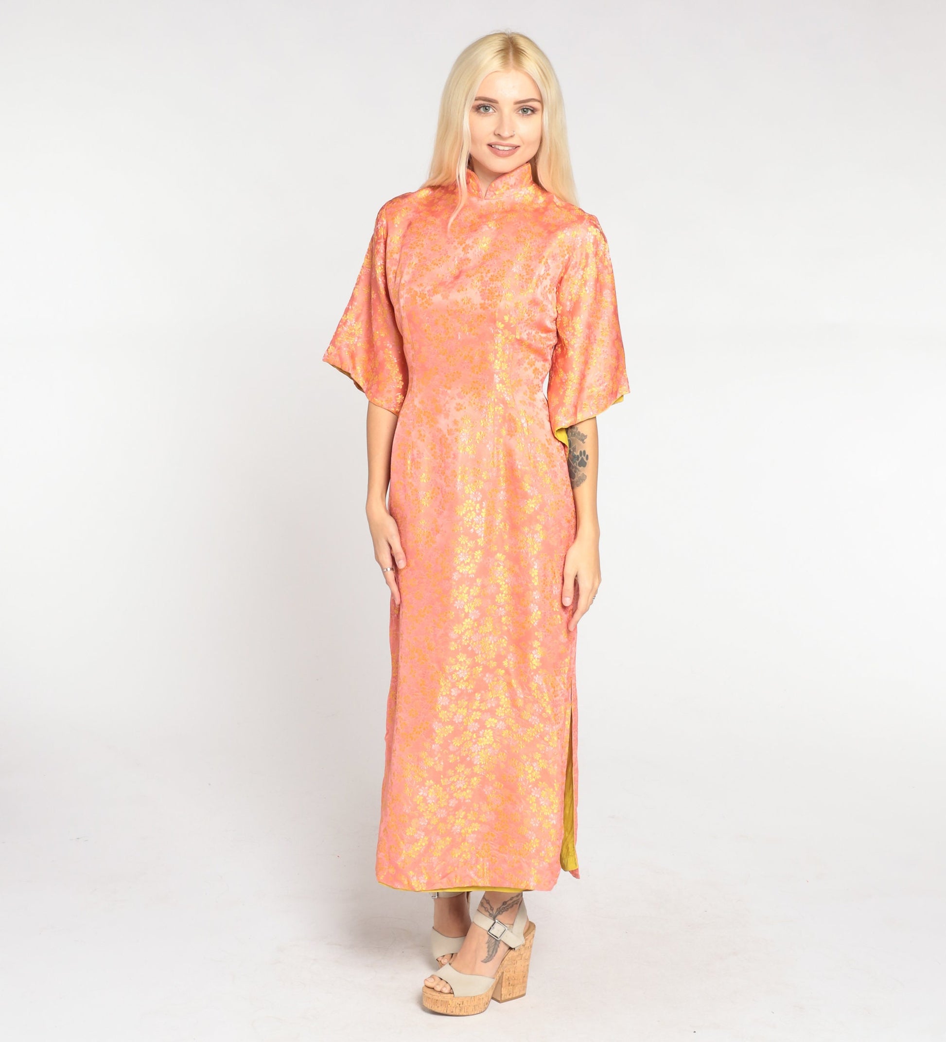60s Peach Silk Floral Midi Dress Mandarin Collar Bell Sleeve Side Slit Extra Small XS