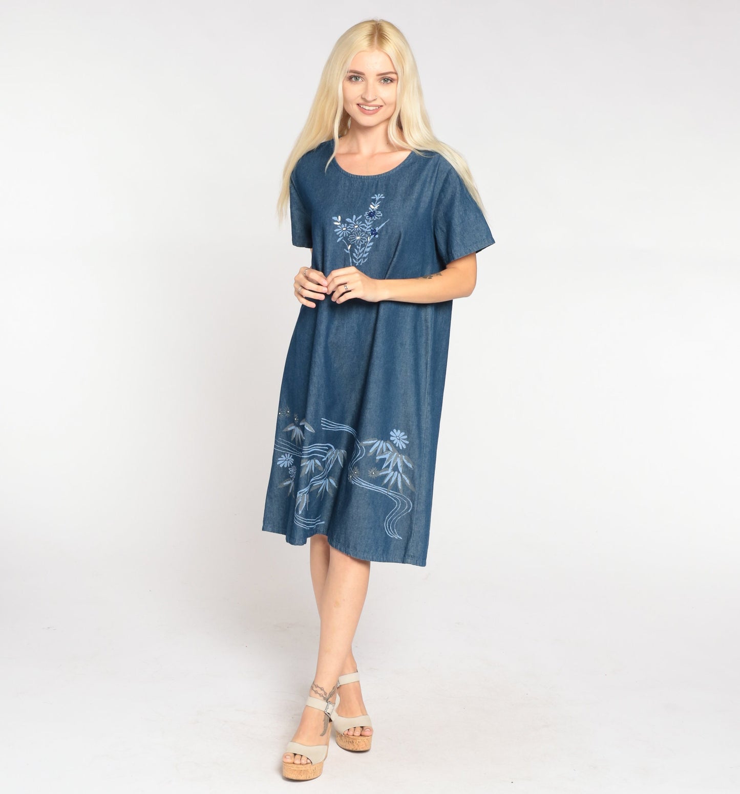 90s Floral Denim Shift Dress Blue Sequin Beaded Short Sleeve Medium M