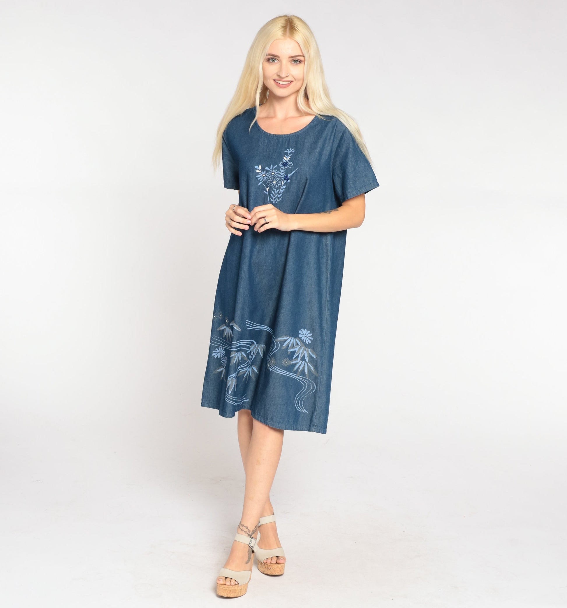 90s Floral Denim Shift Dress Blue Sequin Beaded Short Sleeve Medium M