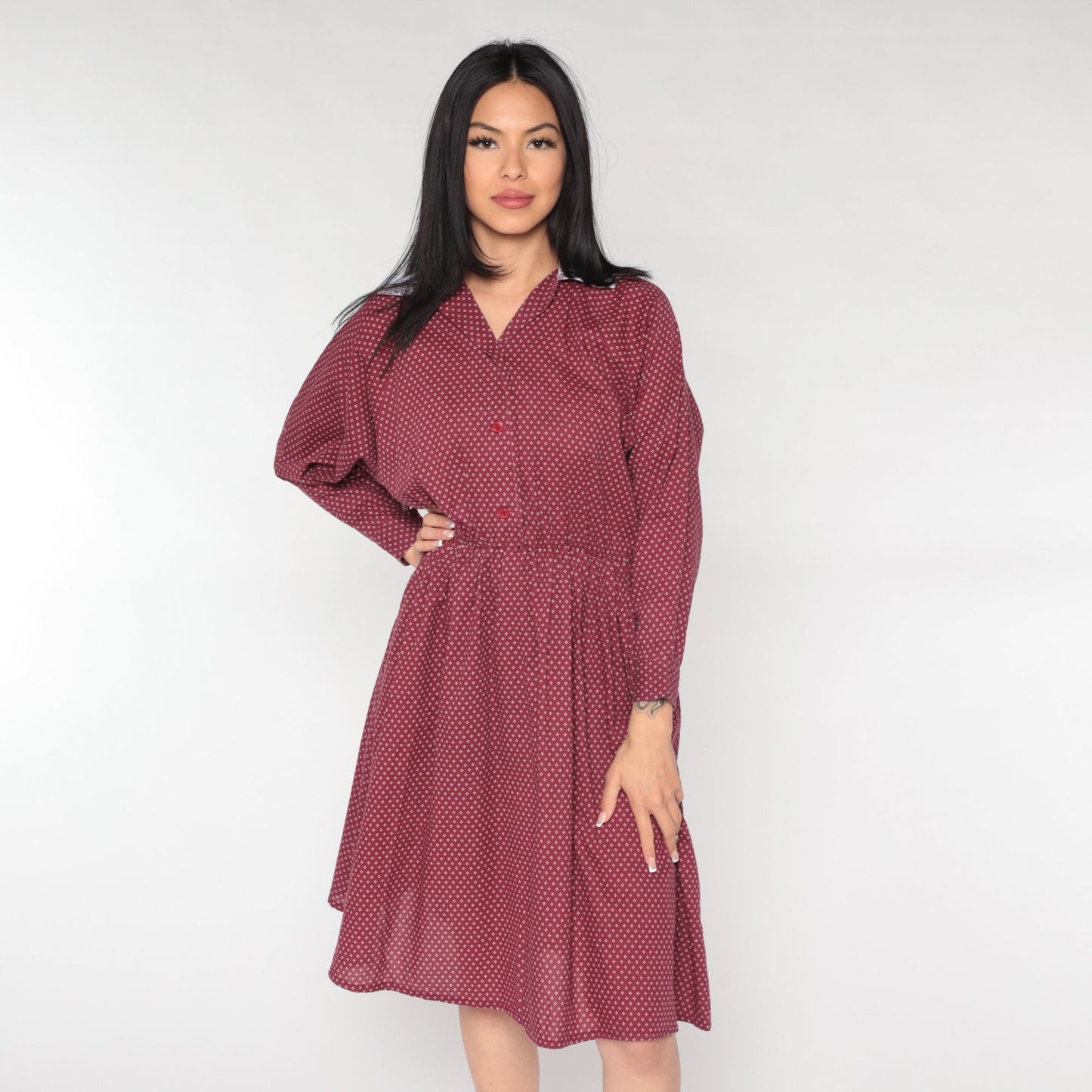 80s Burgundy Midi Shirtdress Lace Collar Geometric Button-Up Small Medium