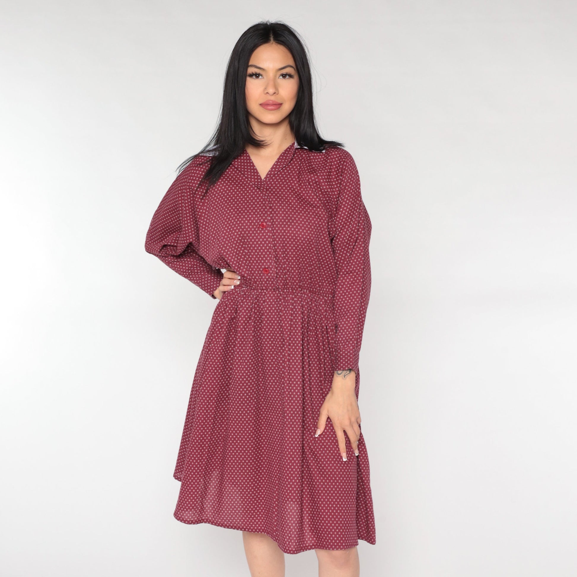 80s Burgundy Midi Shirtdress Lace Collar Geometric Button-Up Small Medium