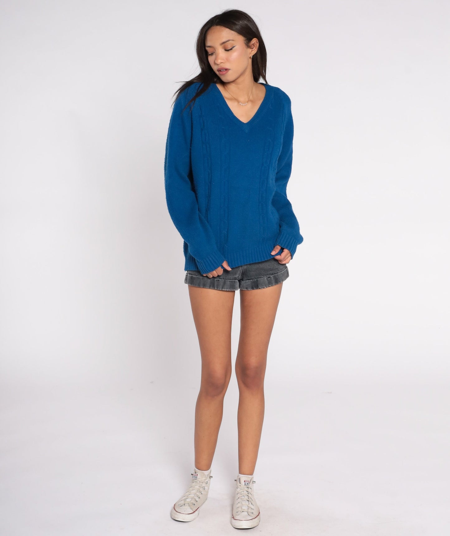 70s Blue Cable Knit V-Neck Sweater Pullover Extra Large XL