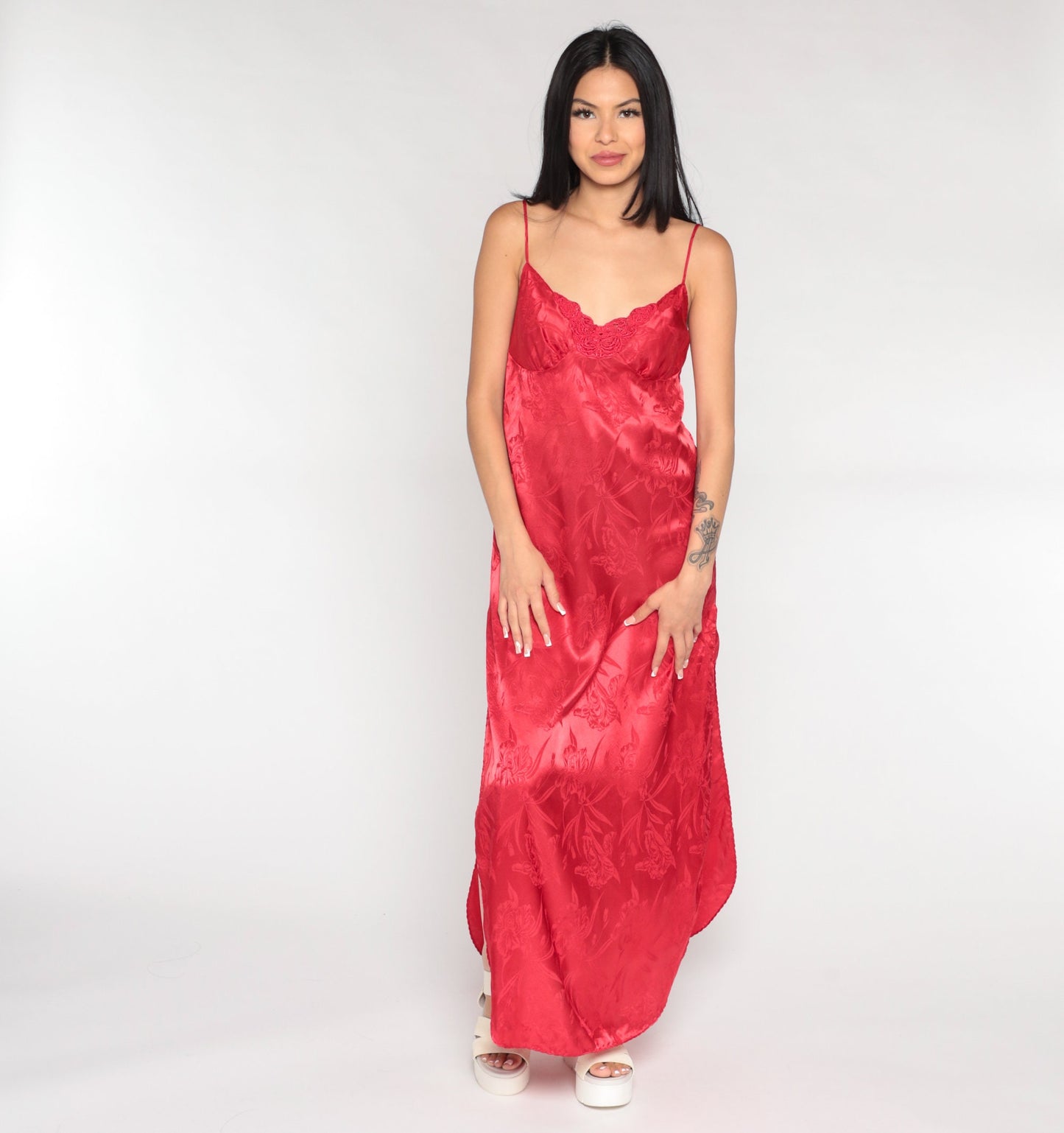 90s Red Satin Nightgown Maxi Slip Dress Embossed Floral Spaghetti Strap Medium