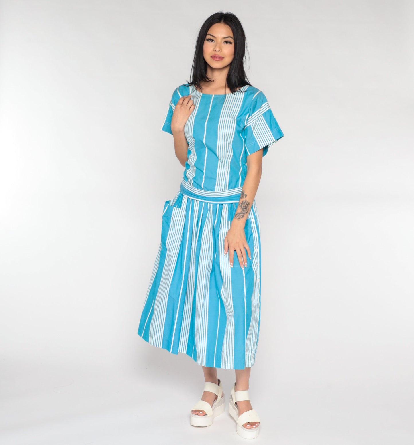 80s Nicole Miller Striped Midi Dress Drop Waist Blue White Cotton Medium 8