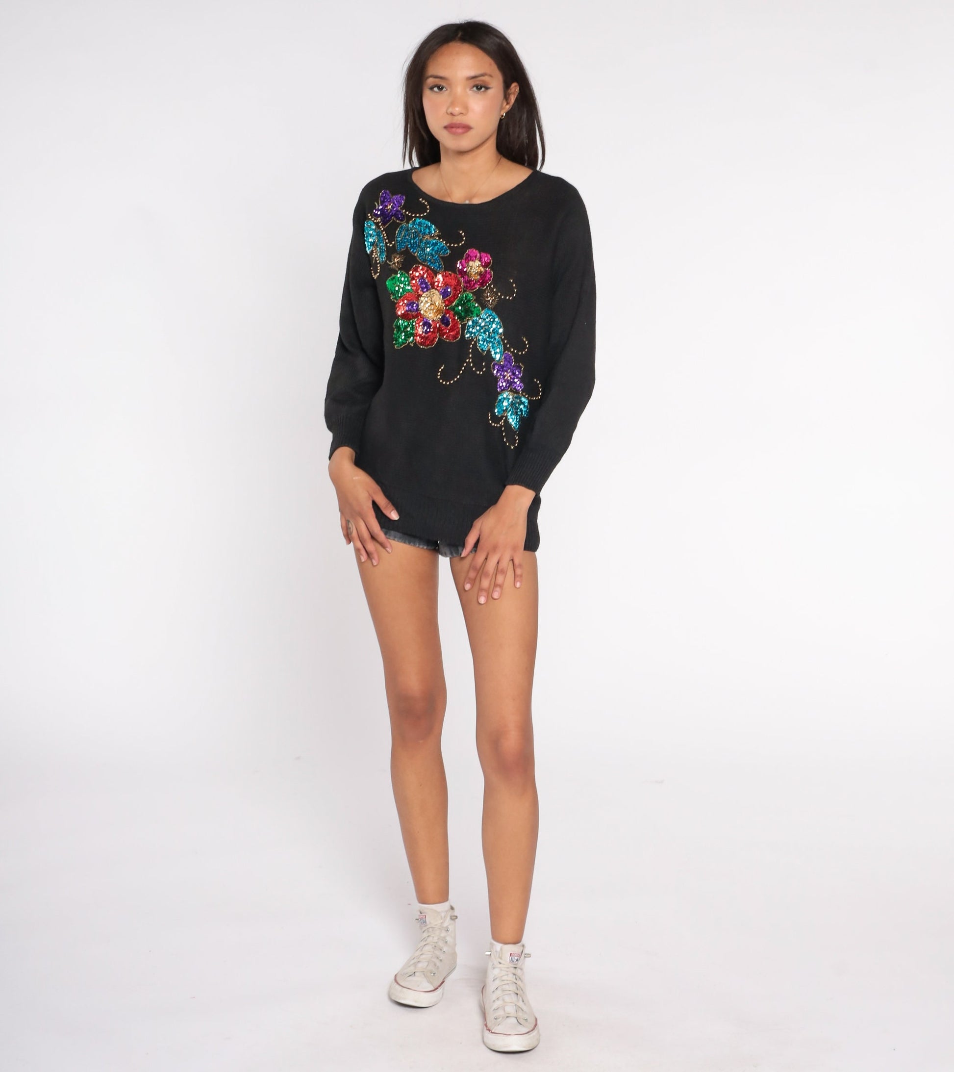 90s Black Sequin Floral Knit Sweater Dolman Sleeve Cotton Ramie Large L