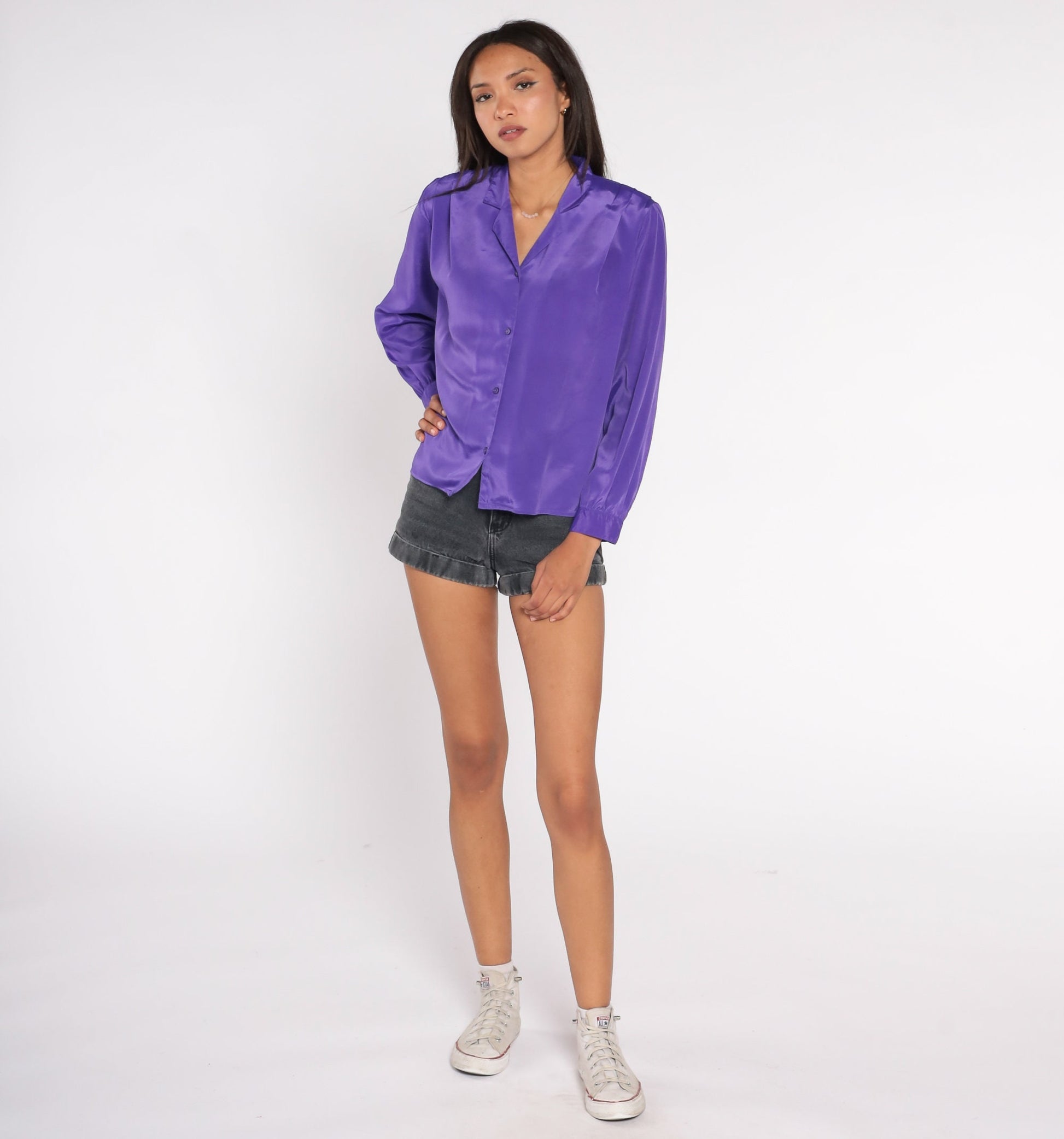 90s Purple Pleated Collar Blouse Long Sleeve Button Up Medium Petite