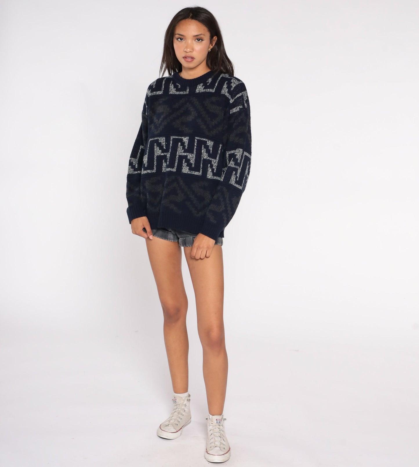 90s Geometric Navy Knit Pullover Sweater Large