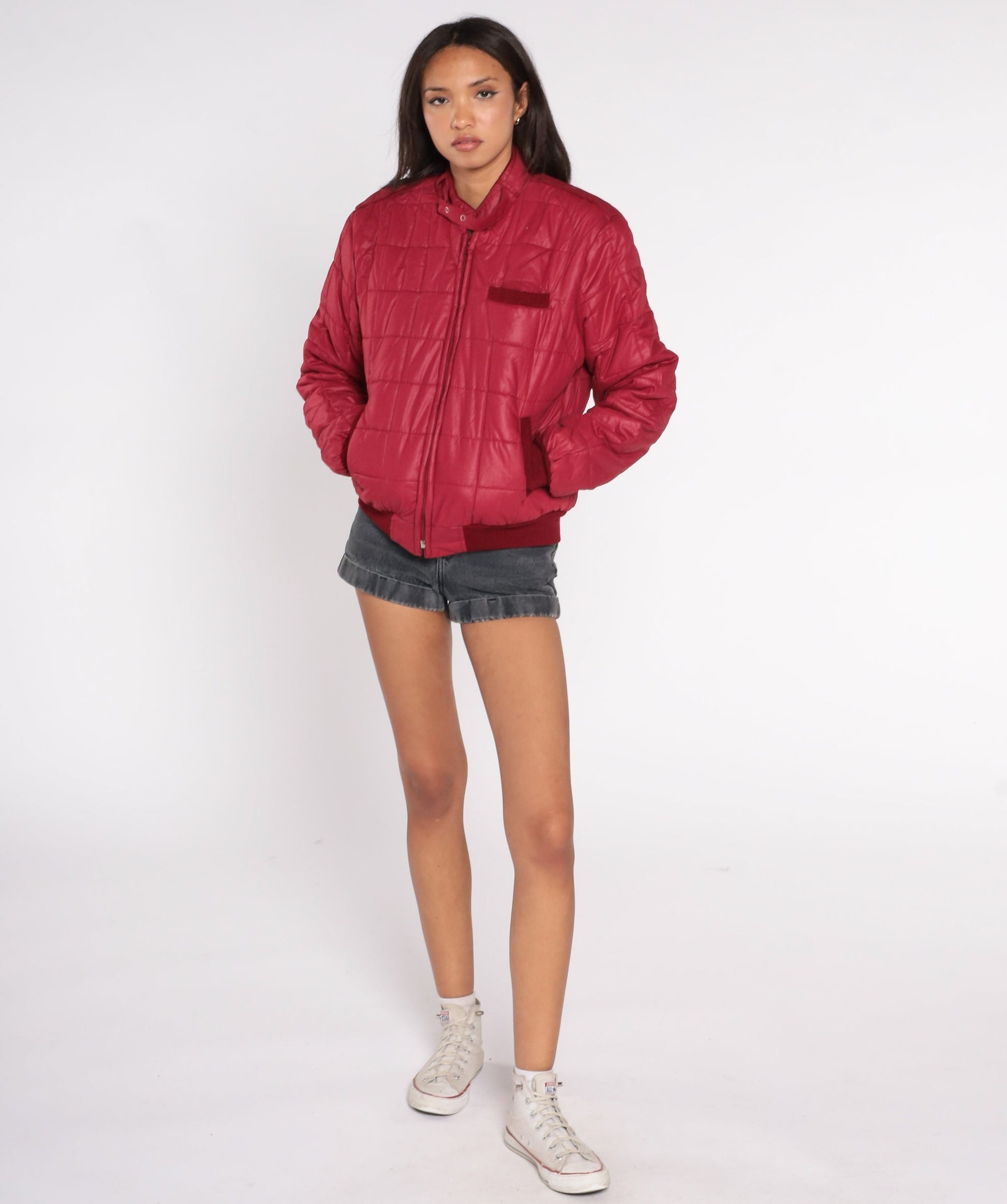 80s Burgundy Quilted Puffer Ski Jacket Zip Up Insulated Small