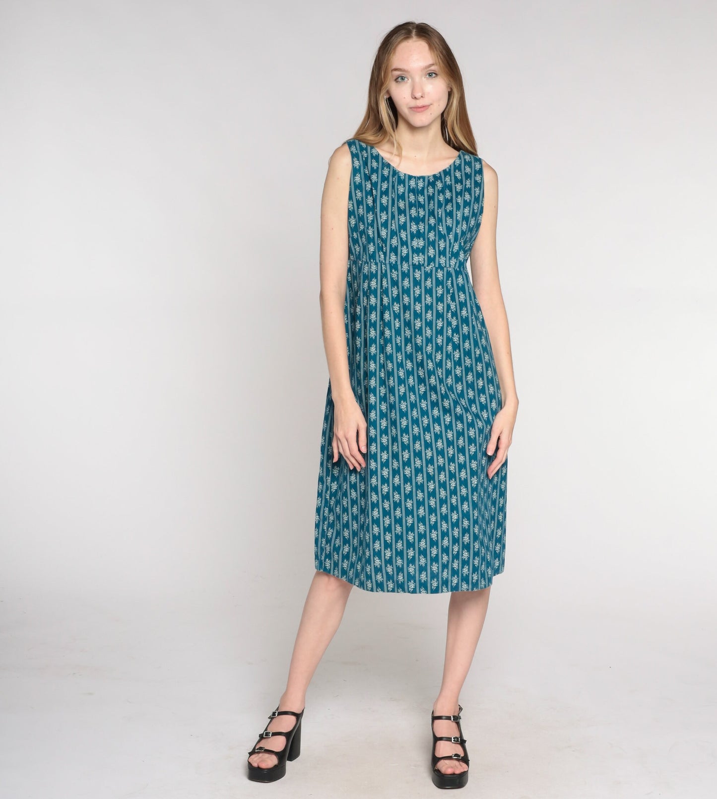 1960s Blue Floral Striped Midi Dress Empire Waist Sleeveless Shift Medium