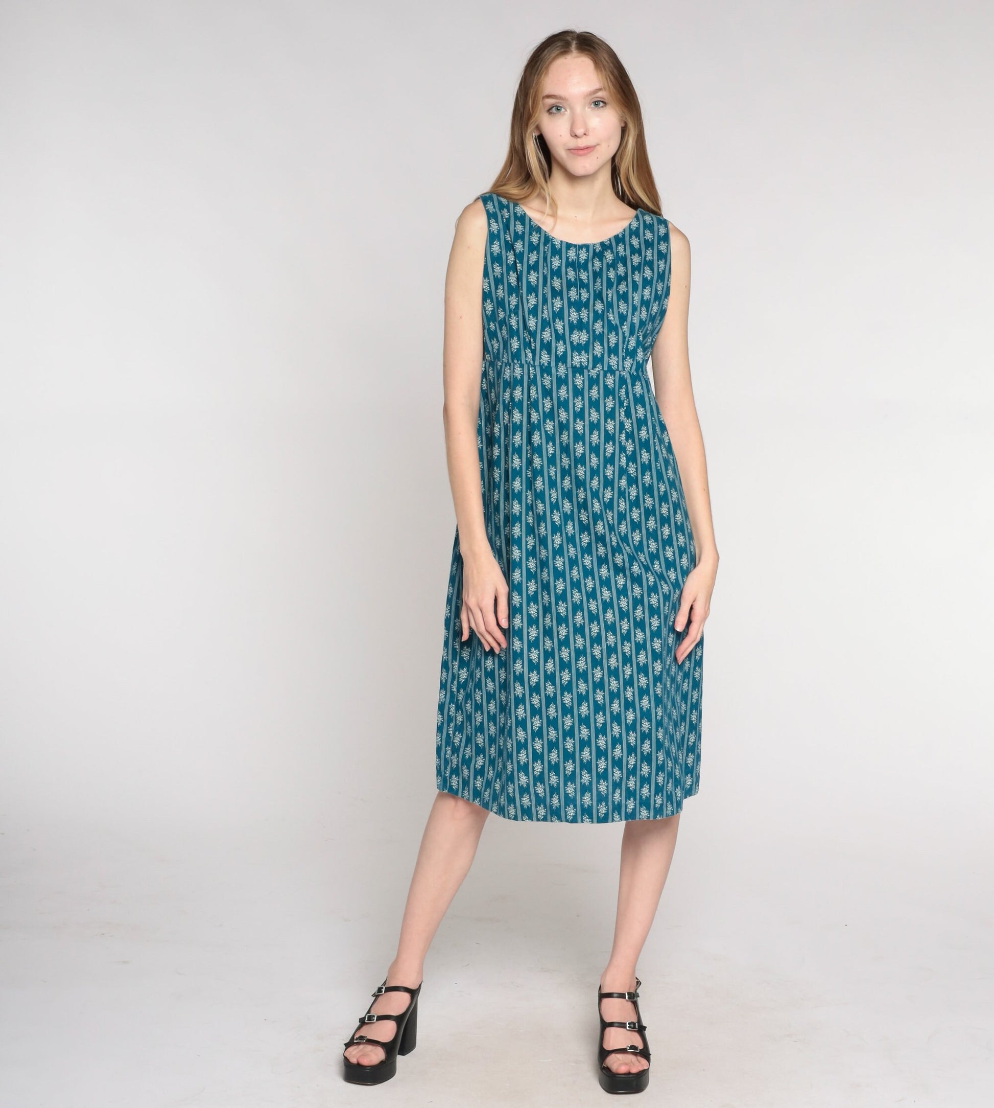 1960s Blue Floral Striped Midi Dress Empire Waist Sleeveless Shift Medium