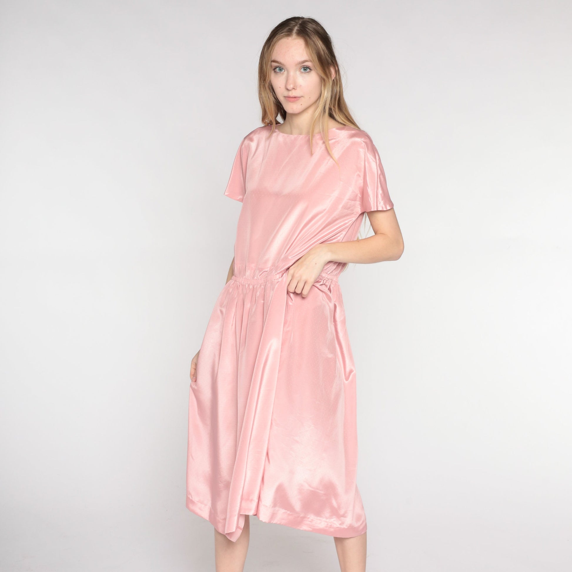 80s Pink Midi Dress Flutter Sleeve Blouson Bodice Keyhole Back Medium