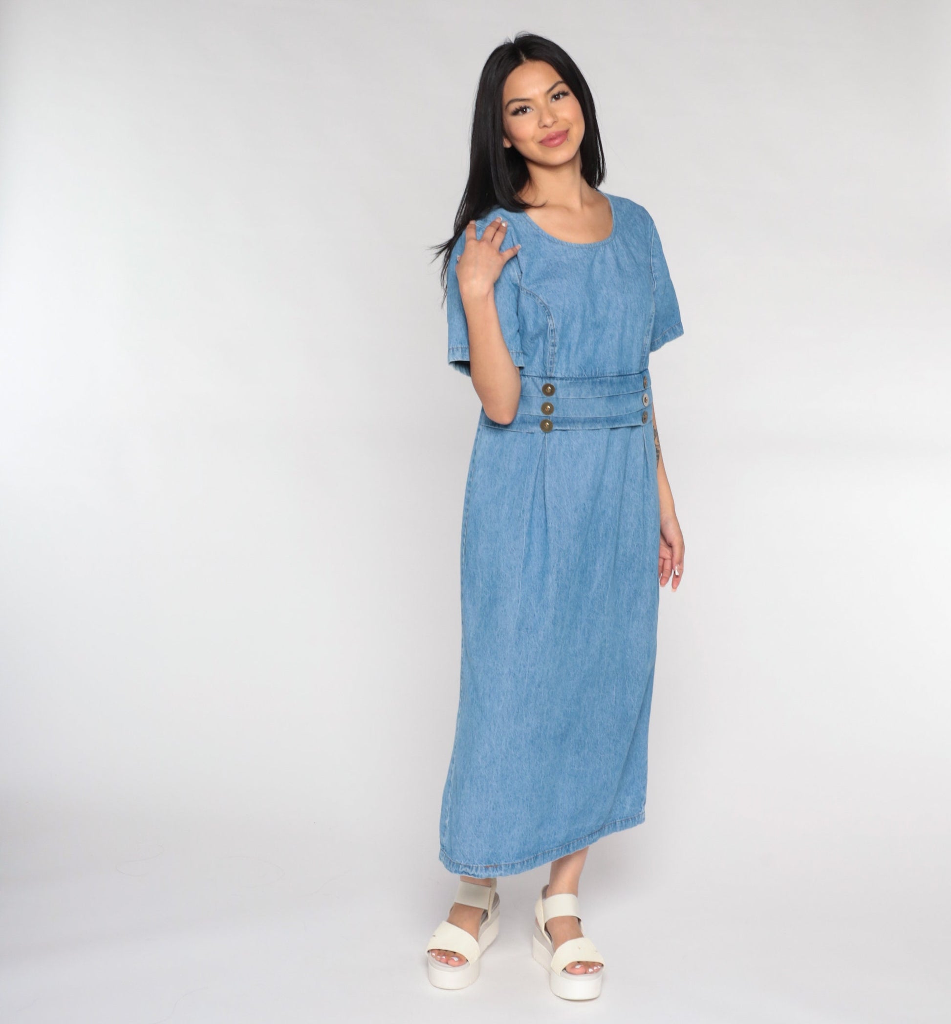 90s Fore Warned Denim Maxi Dress Blue Princess Seam Short Sleeve Large 14
