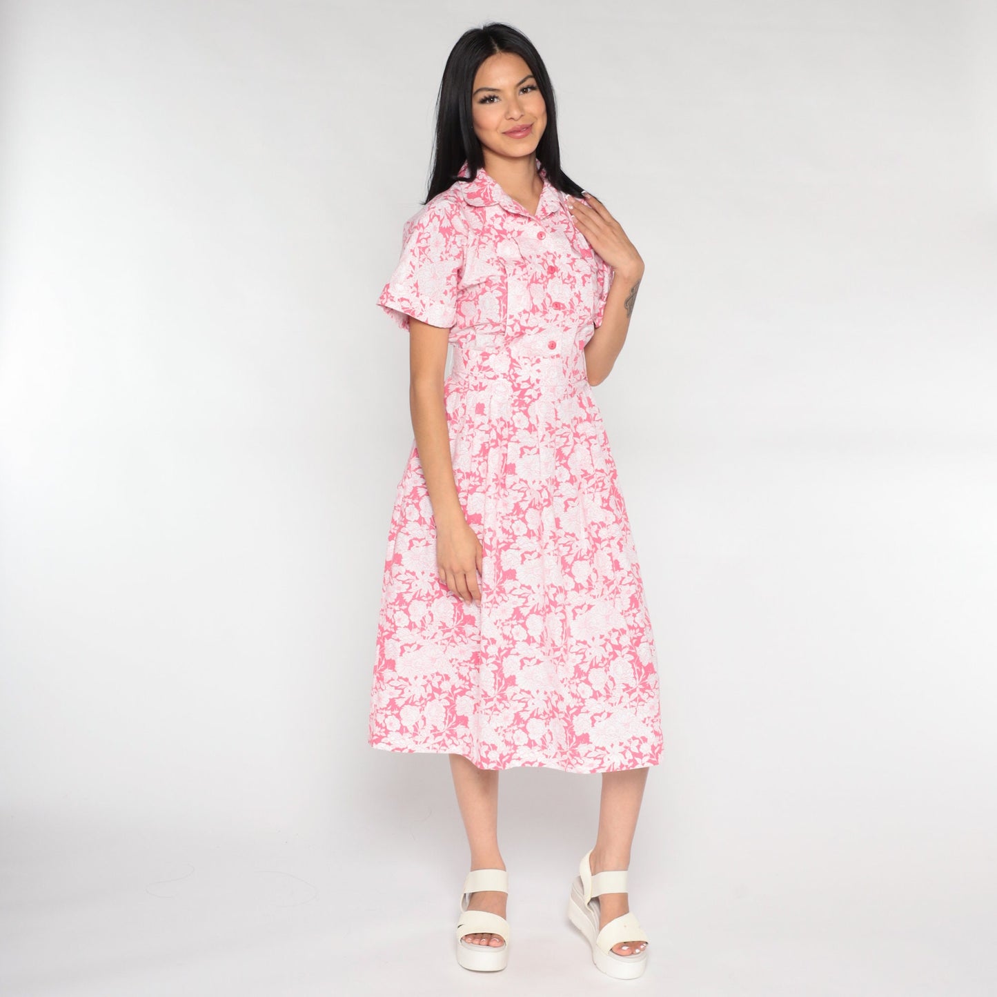 90s Floral Midi Dress Pink White Button-Up Short Sleeve Medium 8