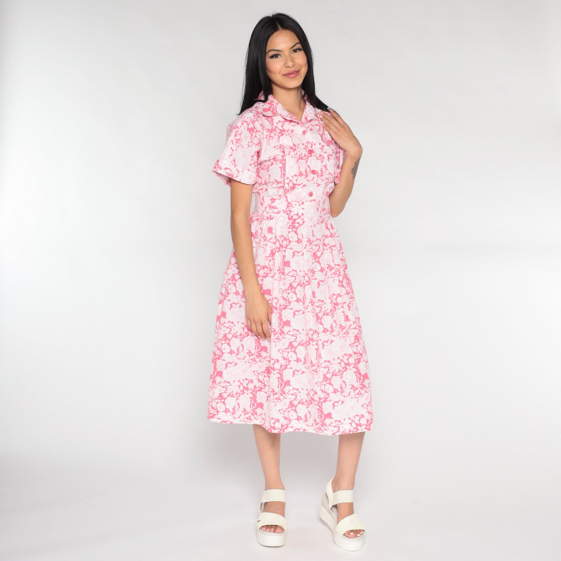 90s Floral Midi Dress Pink White Button-Up Short Sleeve Medium 8
