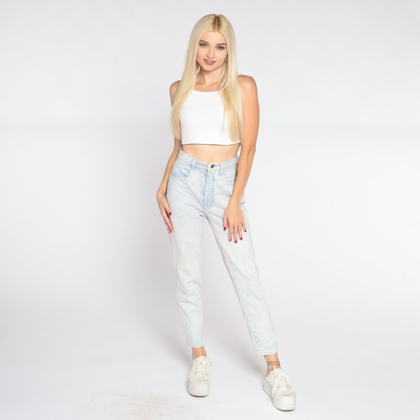 90s Gitano Acid Wash High Waisted Jeans Light Blue Tapered Ankle Snap XS