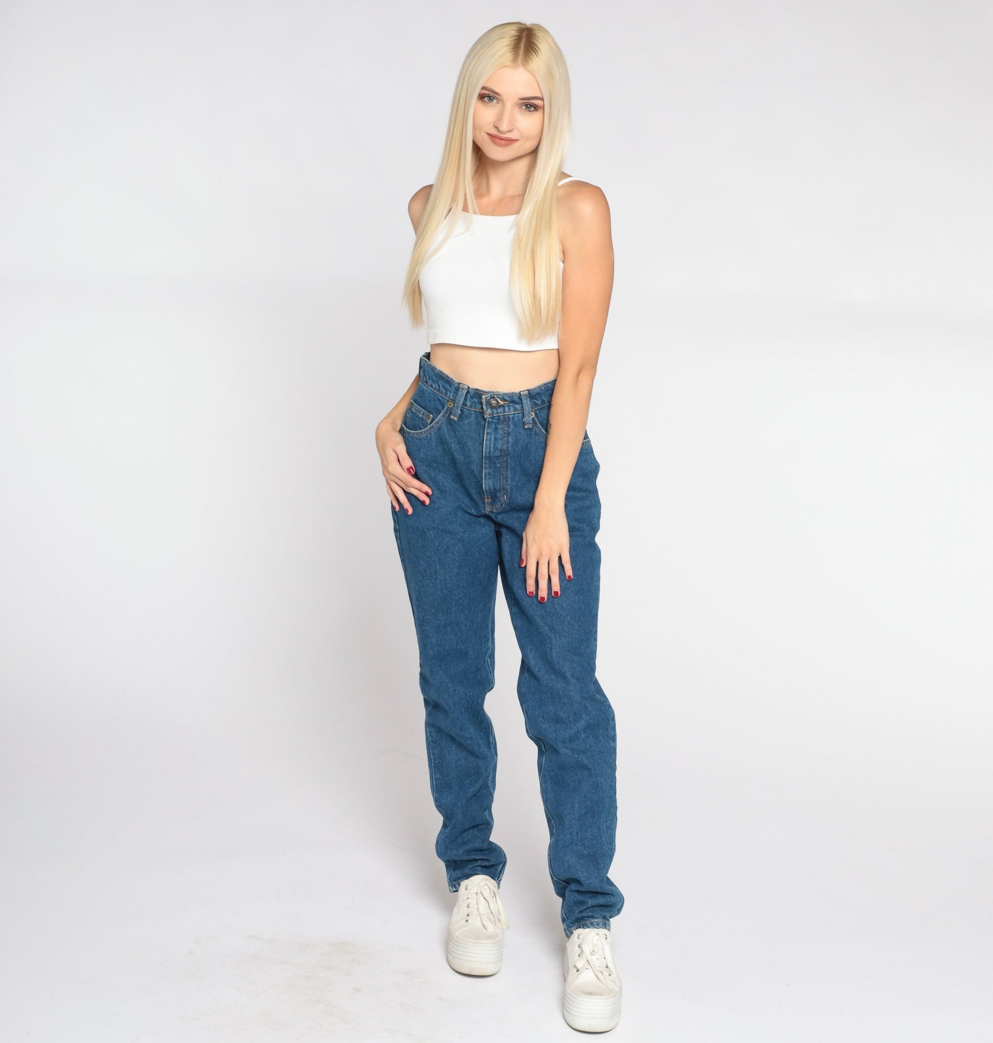 90s Express High-Waist Straight Leg Jeans Dark Blue Denim Small