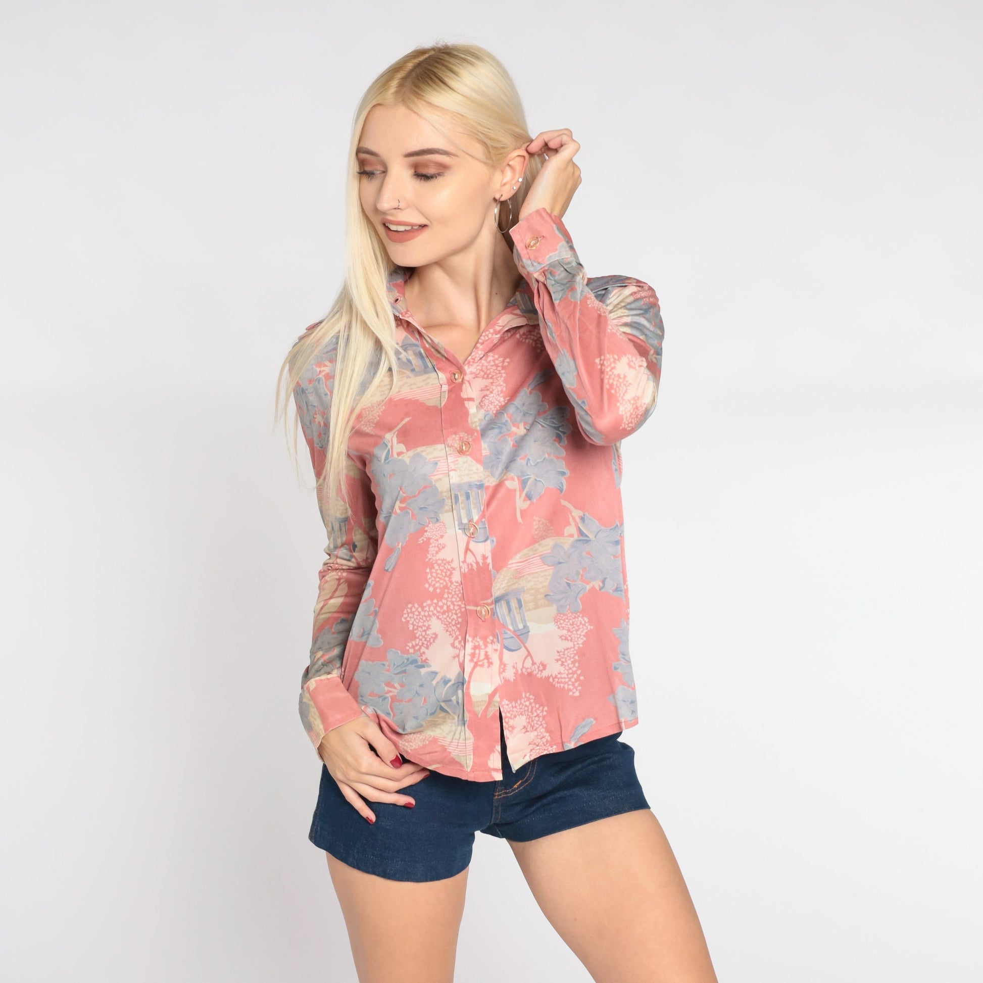 70s Pink Floral Nylon Blouse Dagger Collar Architecture Print Button Up Small