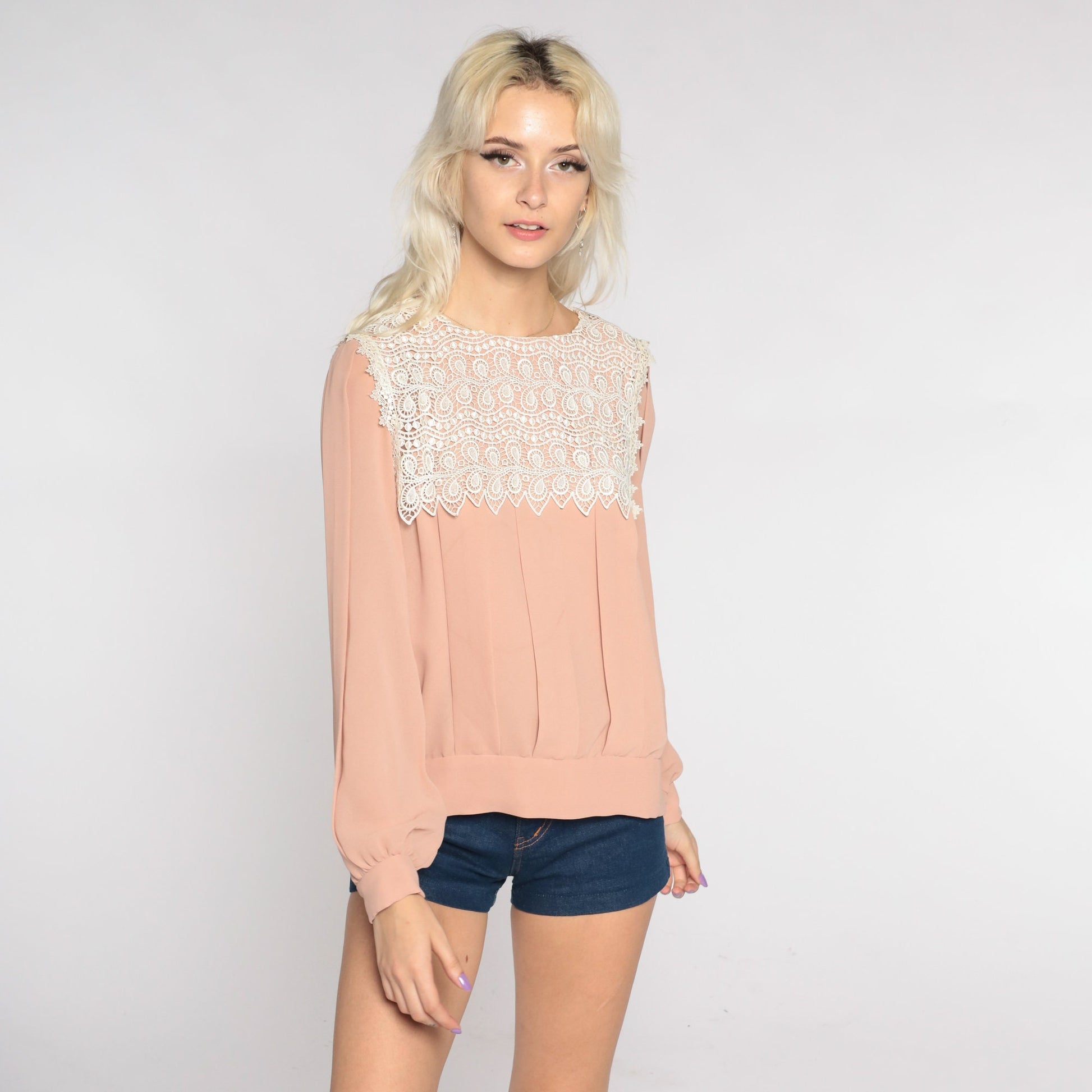 80s Muted Pink Lace Collar Blouse Button Back Pleated Long Sleeve Medium Large