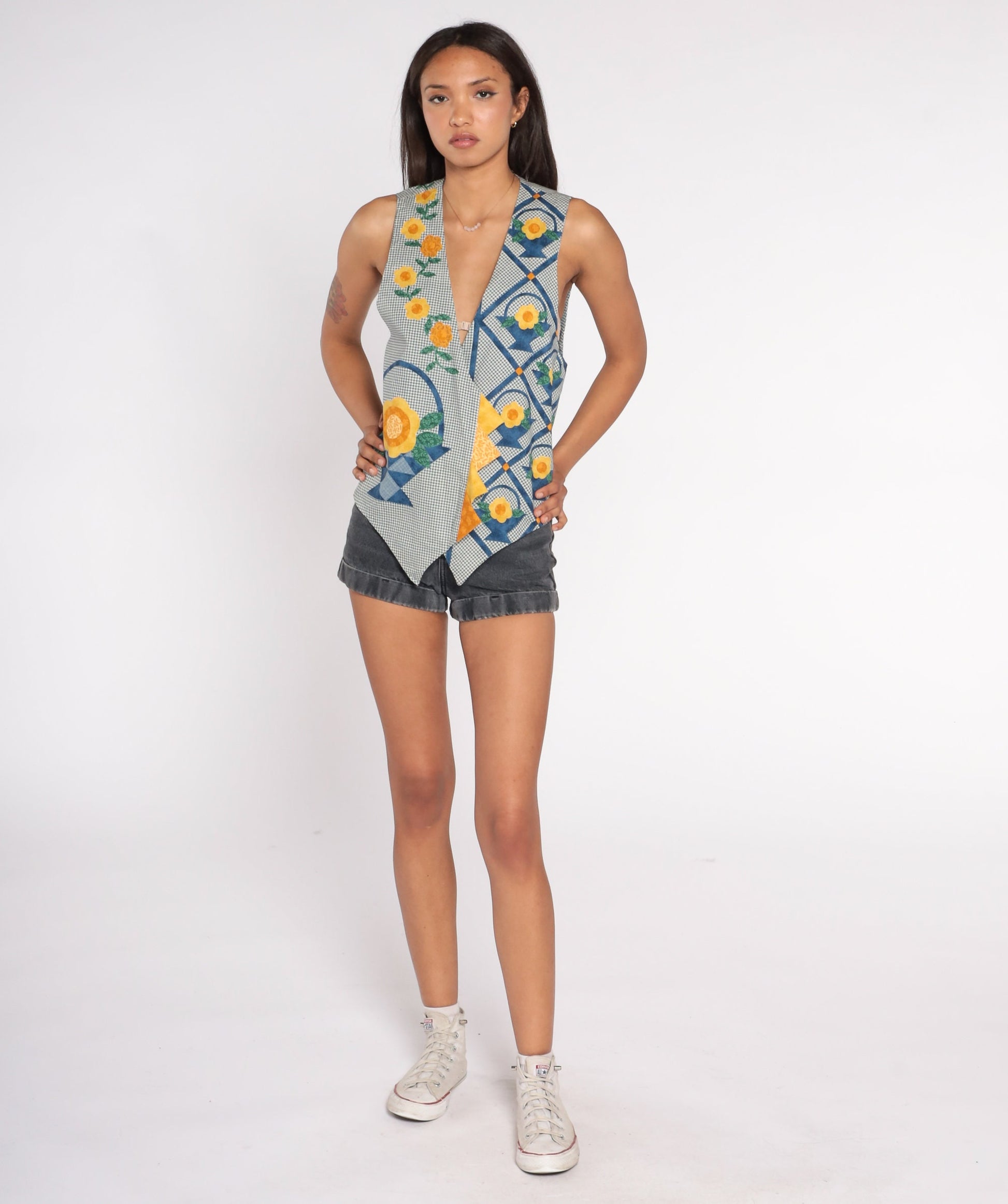 90s Gingham Floral Patchwork Quilted Vest Open Front Blue White Small