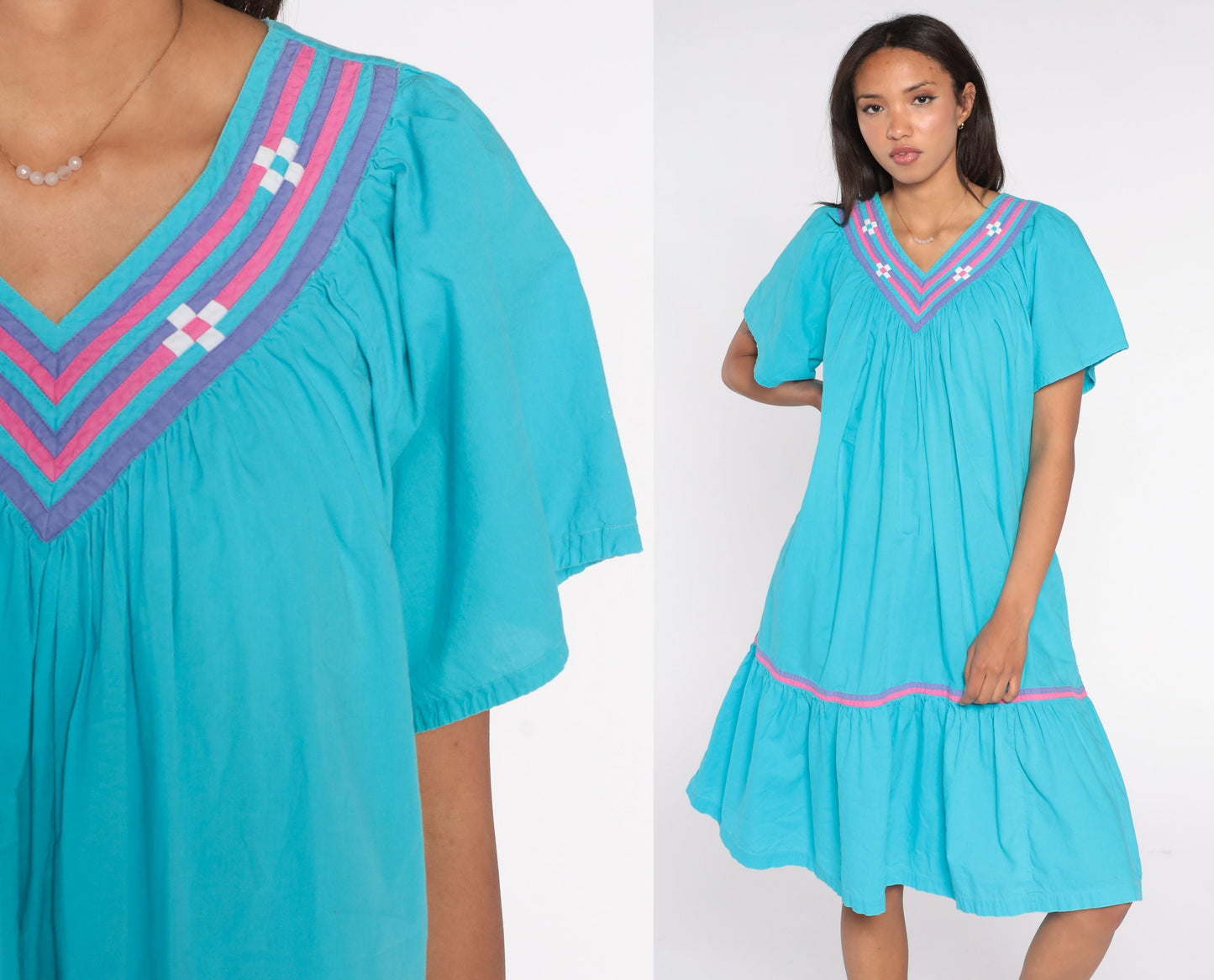 90s Turquoise Cotton Midi Dress Pink Purple Trim Trapeze Tiered Medium M